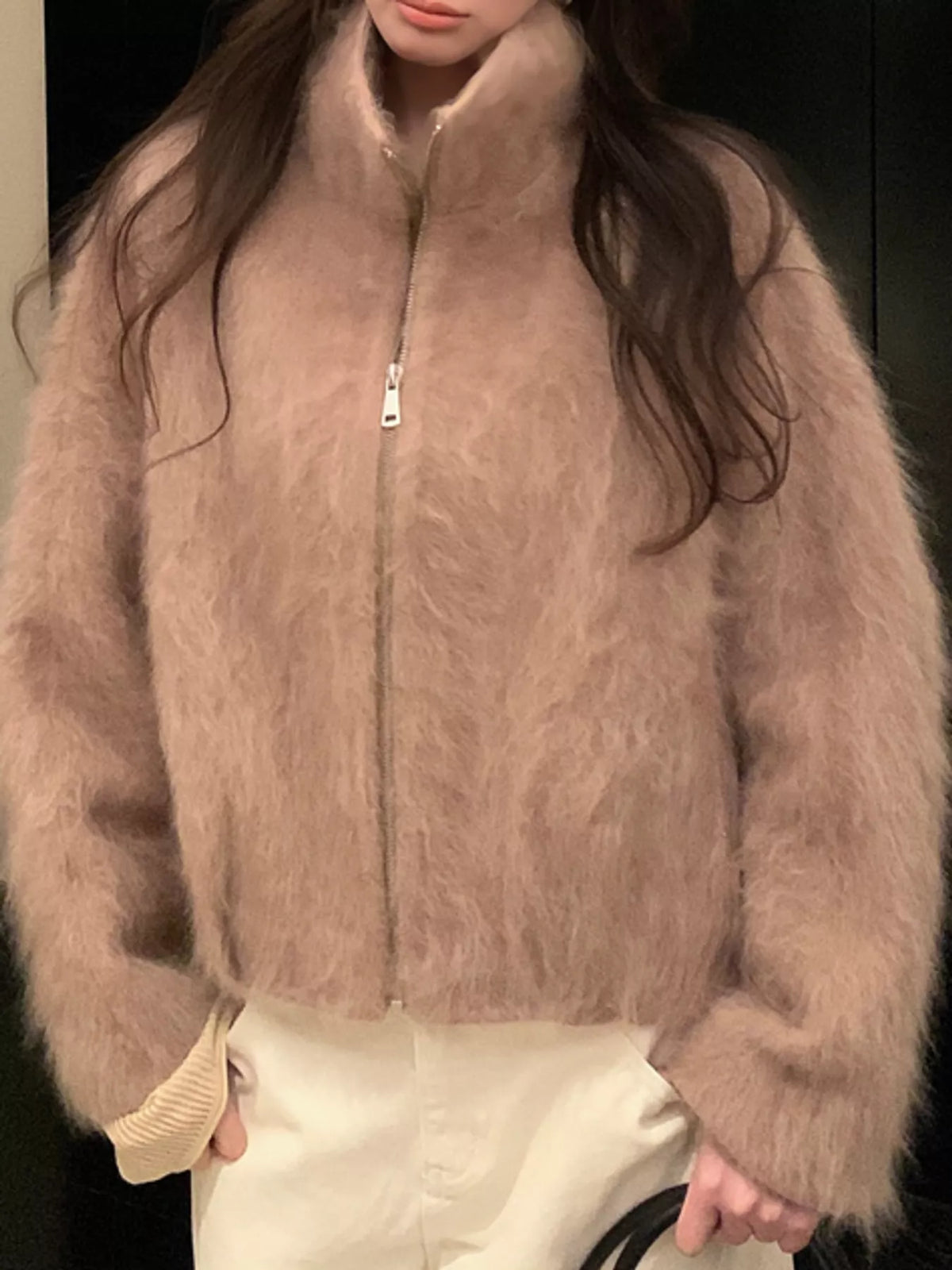 Fuzzy Zip-Up Stand Collar Jacket in camel