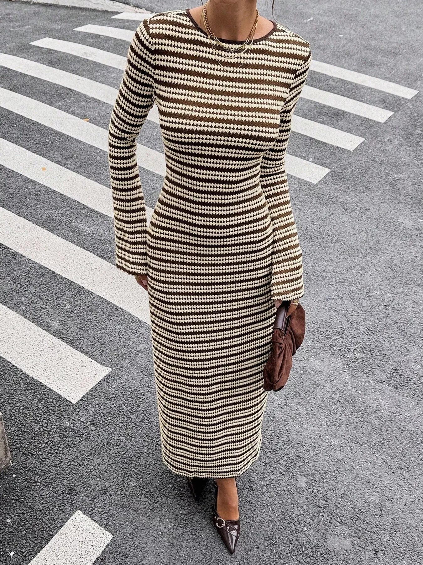 Trendsi Striped Flared Sleeves Sweater Dress -