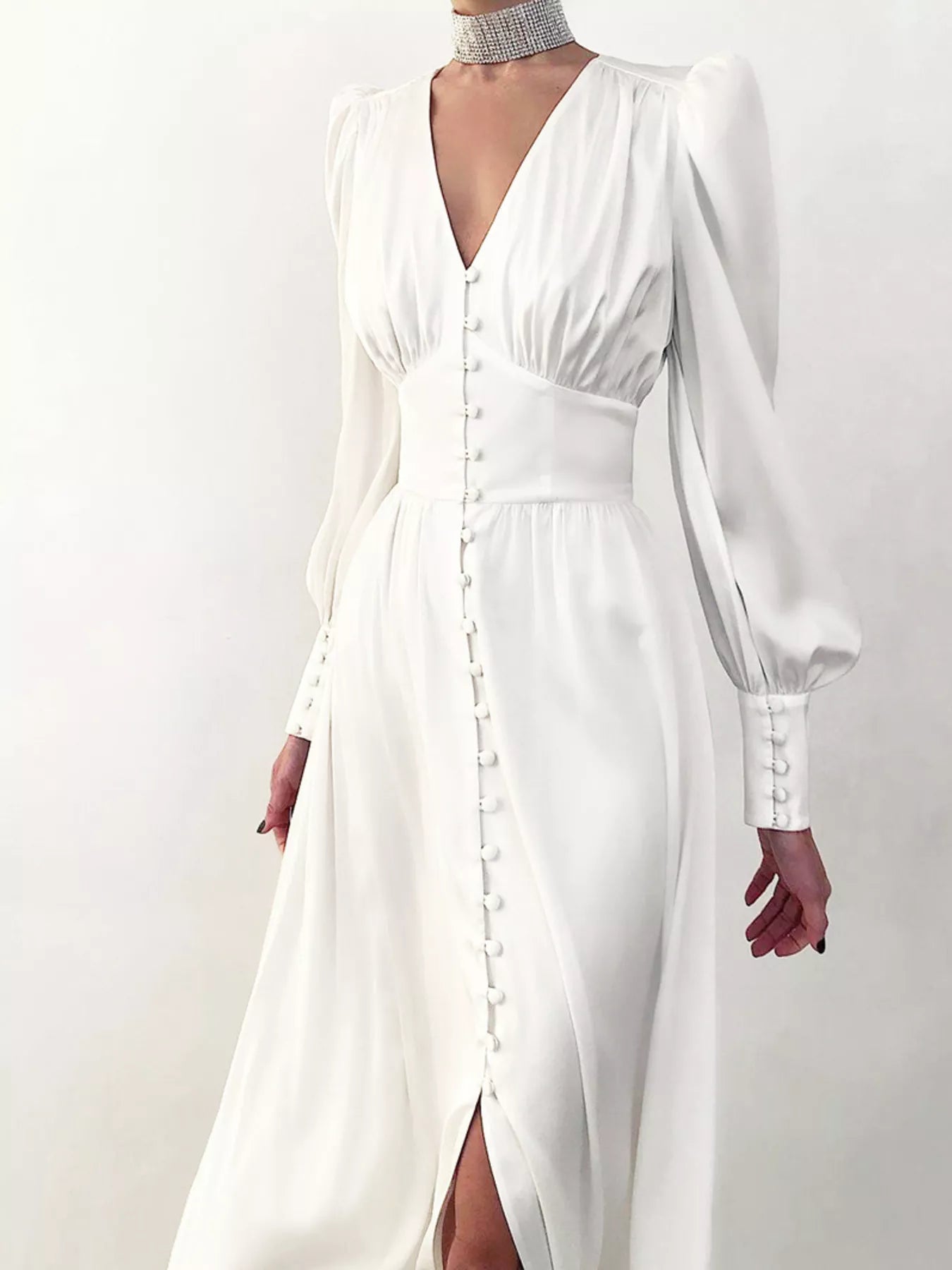 Trendsi Elegant V-Neck Puff Sleeve Button-Down Midi Dress -