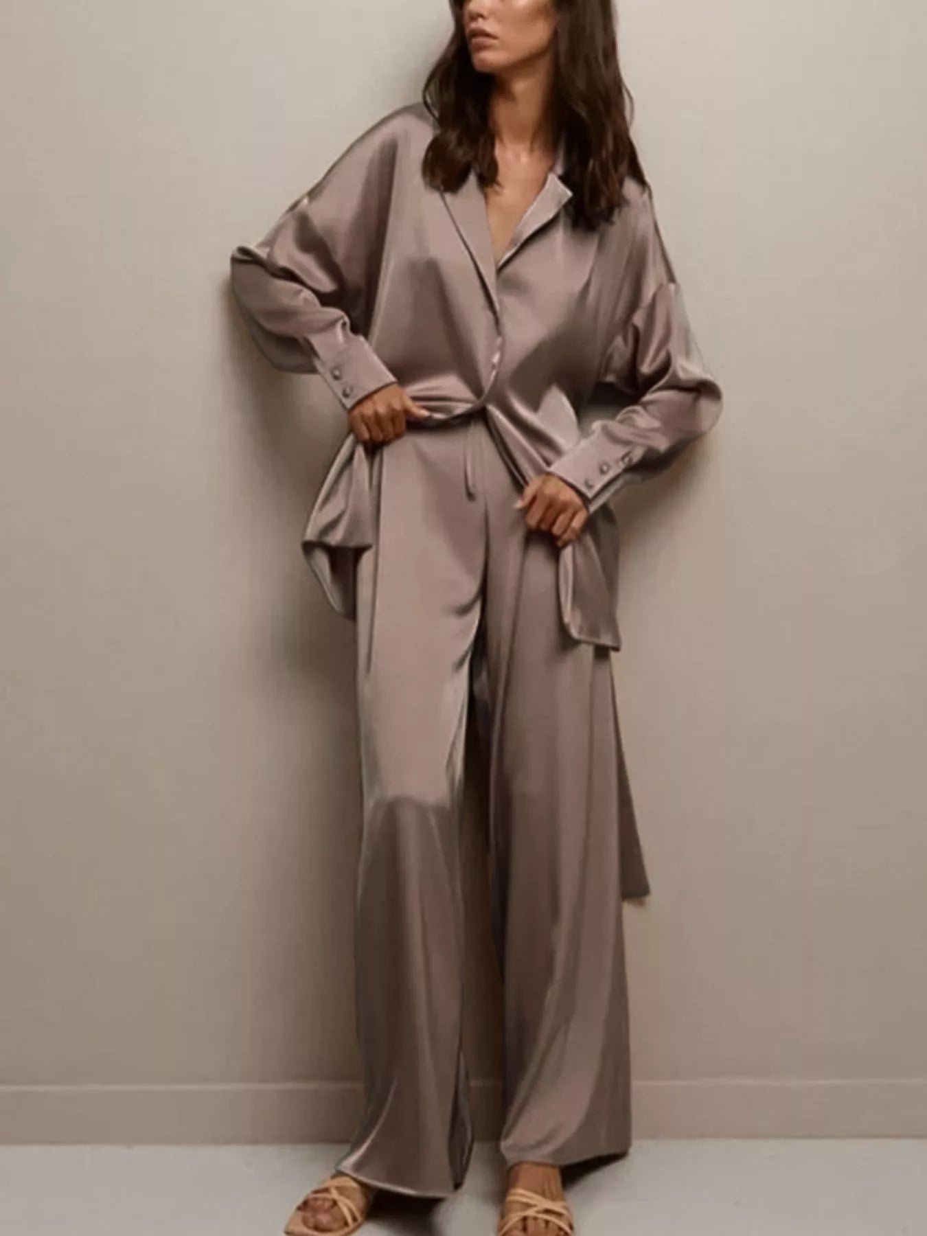 Trendsi Satin Long Sleeve Shirt and Pants Set -