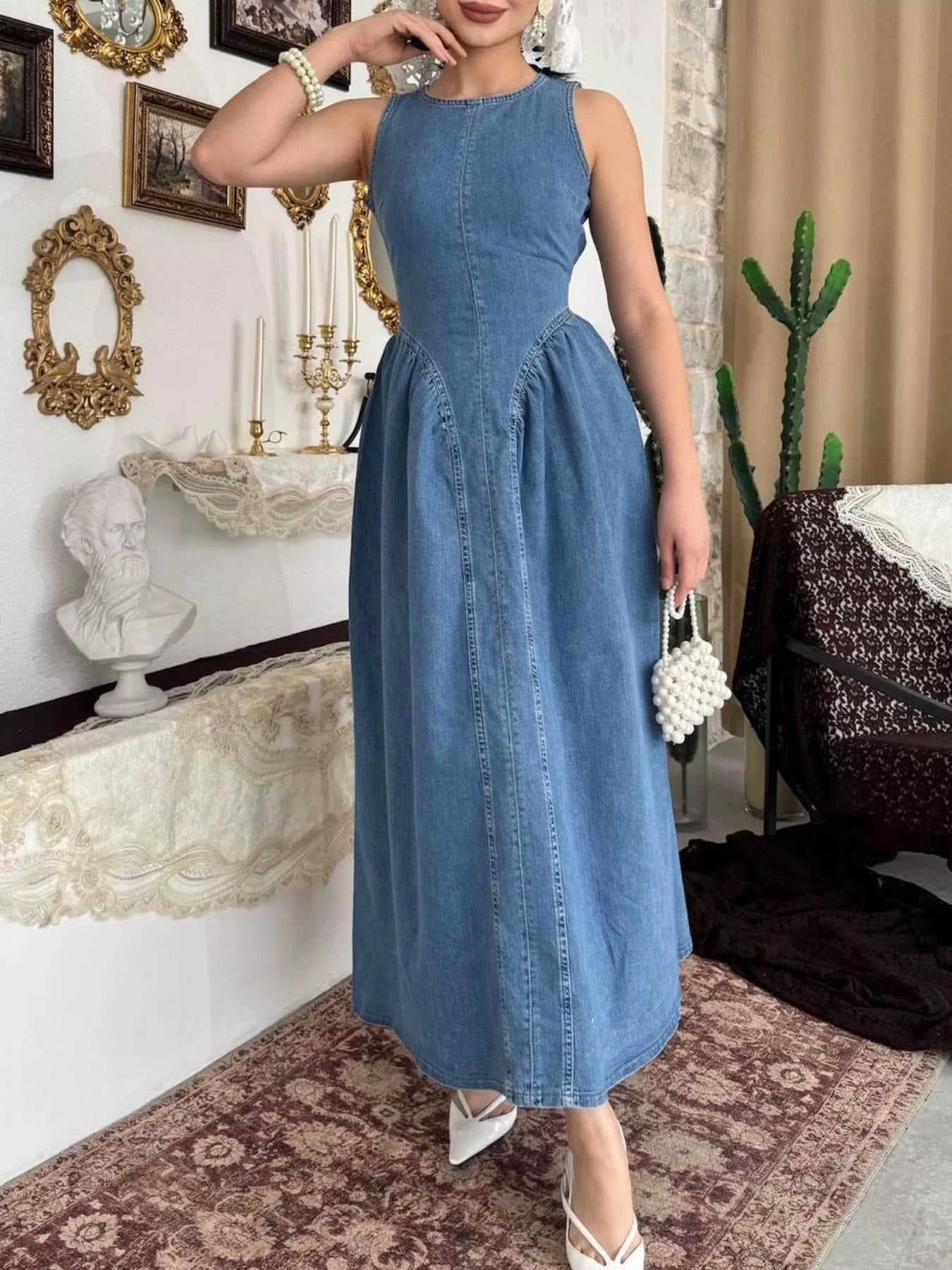 Trendsi Sleeveless A-Line Denim Midi Dress -