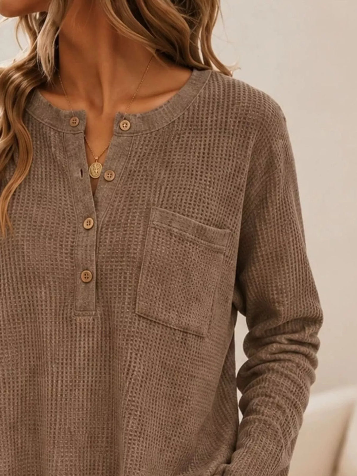 Taupe waffle-knit button-detail top, button neckline and pocket detail