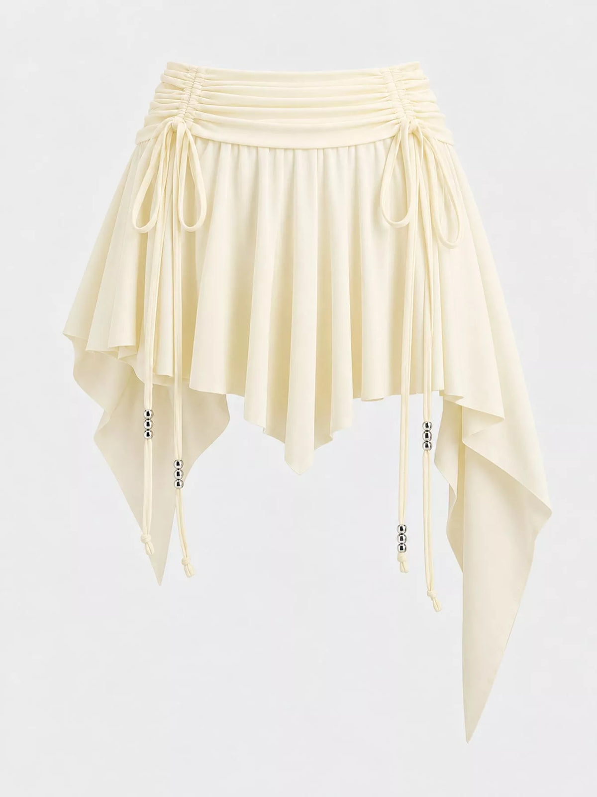 Ruched Asymmetrical Drawstring Mini Skirt in cream