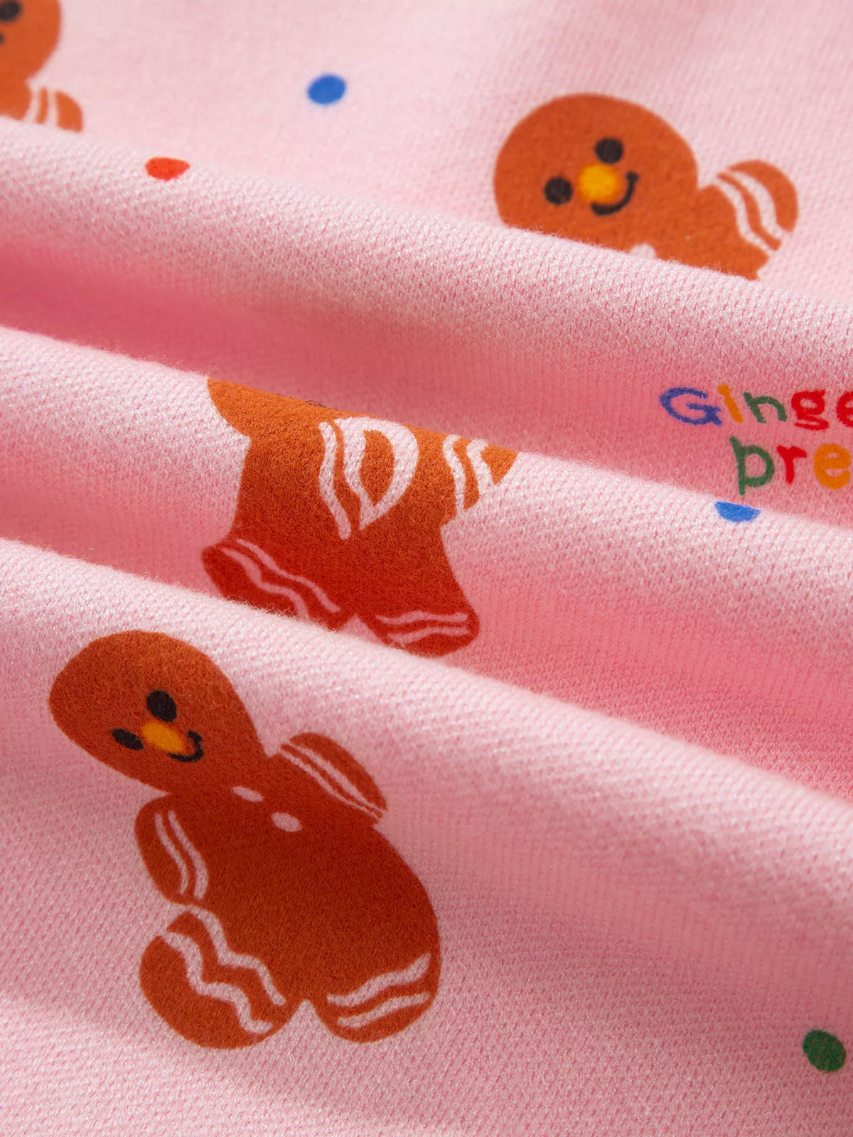 Gingerbread Pattern Long Sleeve Round Neck Sweater in pink, fabric detail