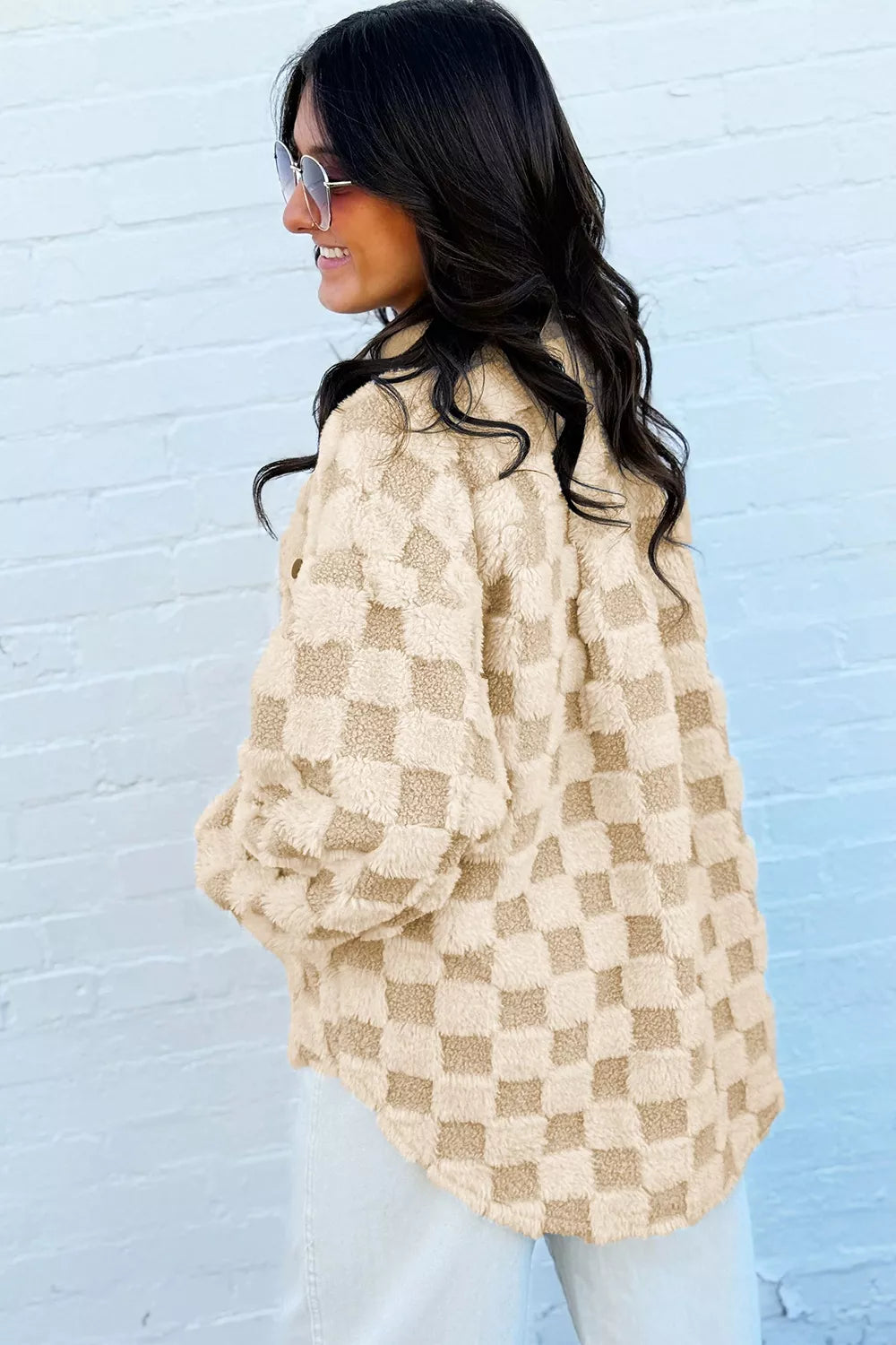 Trendsi Plush Checkered Corduroy Trim Metal Button Long Sleeve Shift Silhouette Shacket -