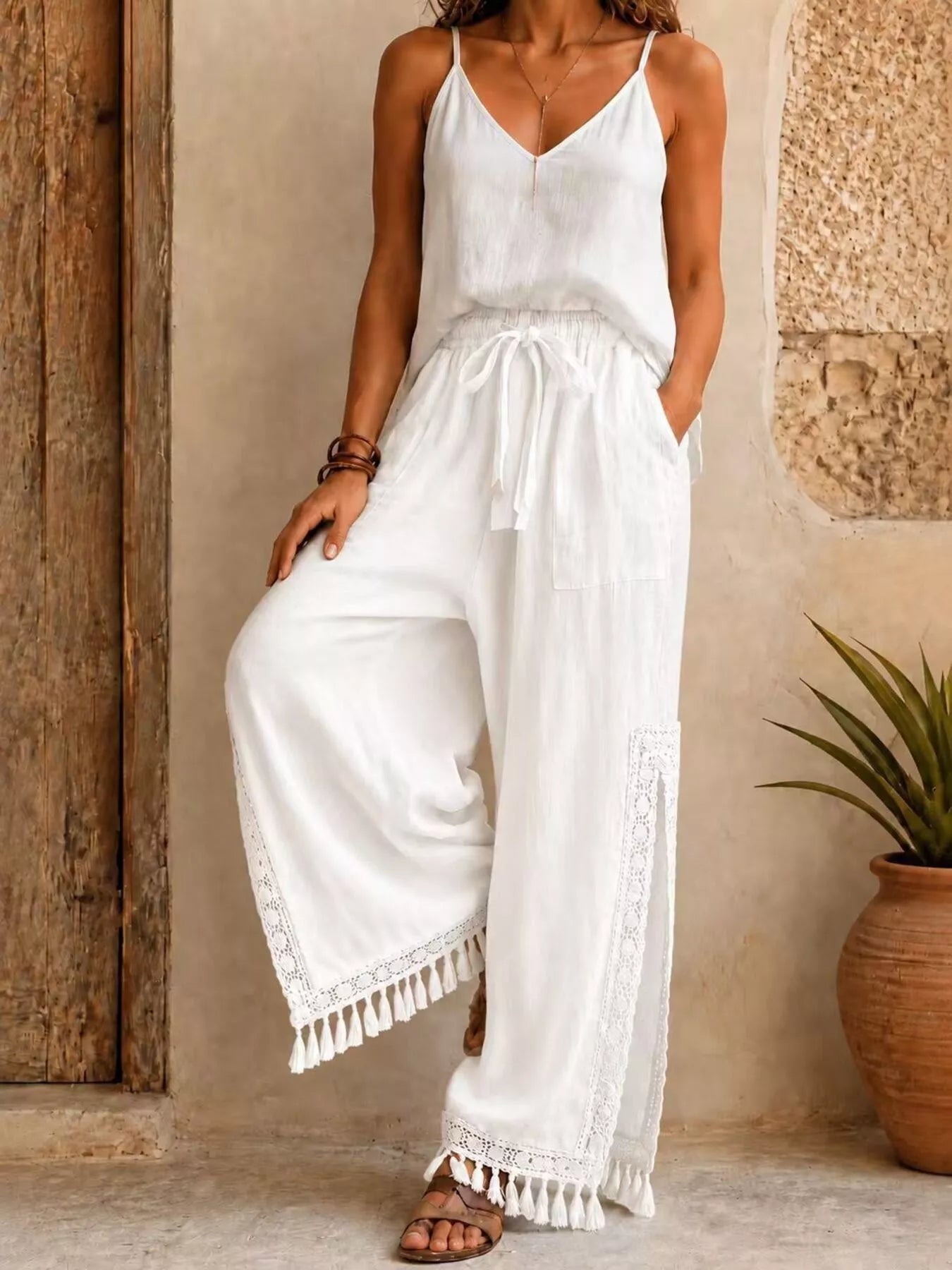 Trendsi Lace Detail Slit Wide Leg Pants -