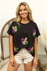 Trendsi BiBi Fleur De Lis Sequin Patches Mardi Gras Sleeve Top -