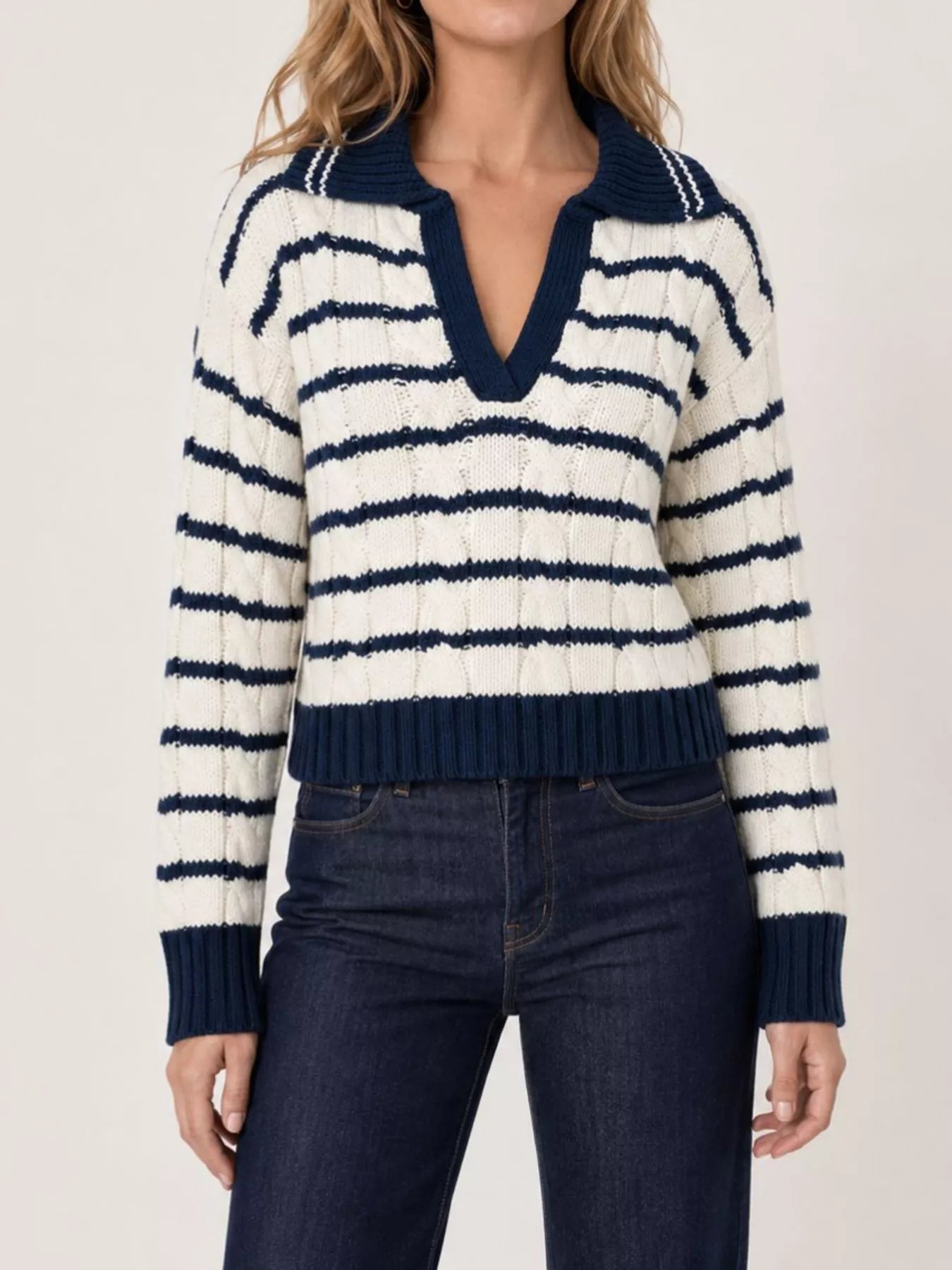 Trendsi Striped Johnny Collar Dropped Shoulder Sweater -