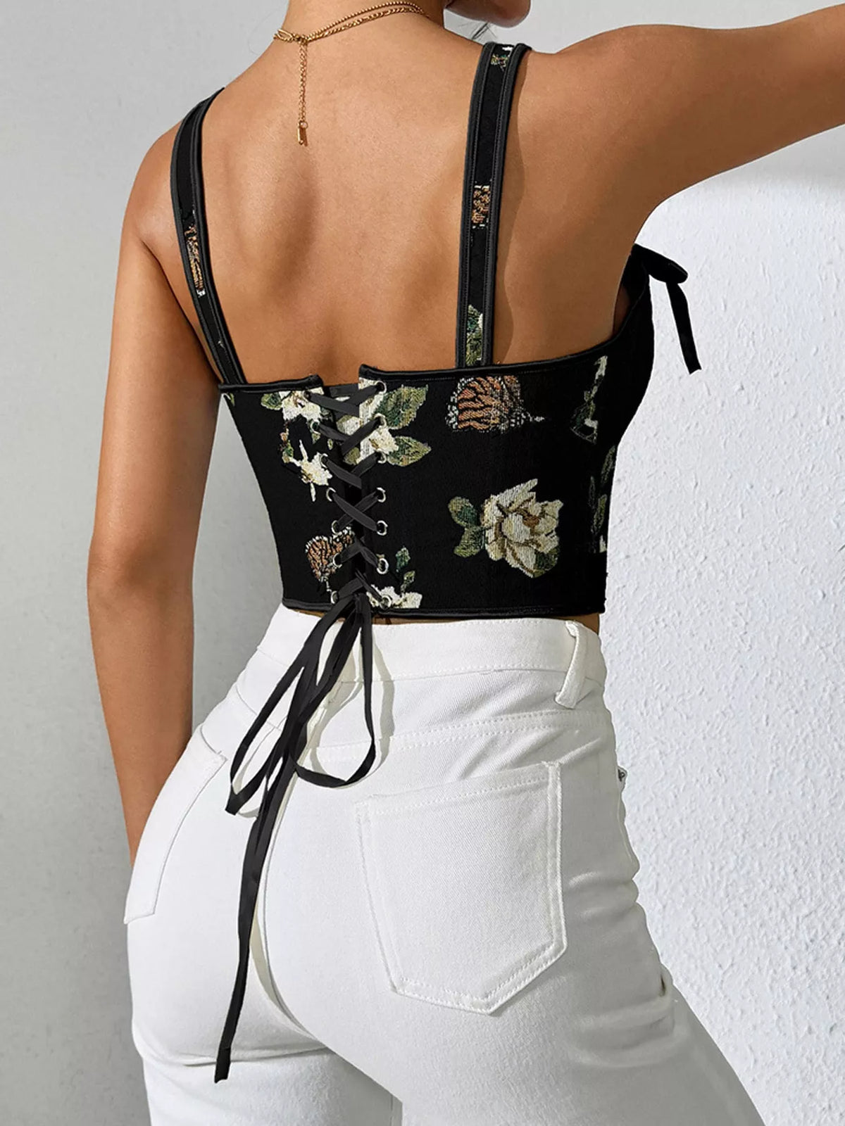 Black floral lace-up back tank, back view