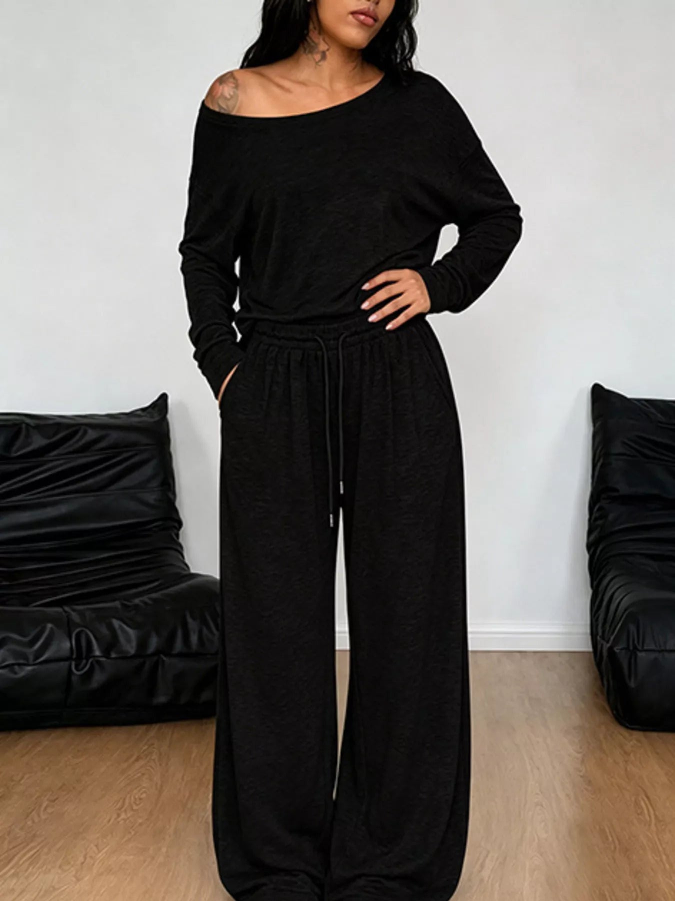 Trendsi Full Size One-Shoulder Top and Drawstring Pants Set Plus Size -