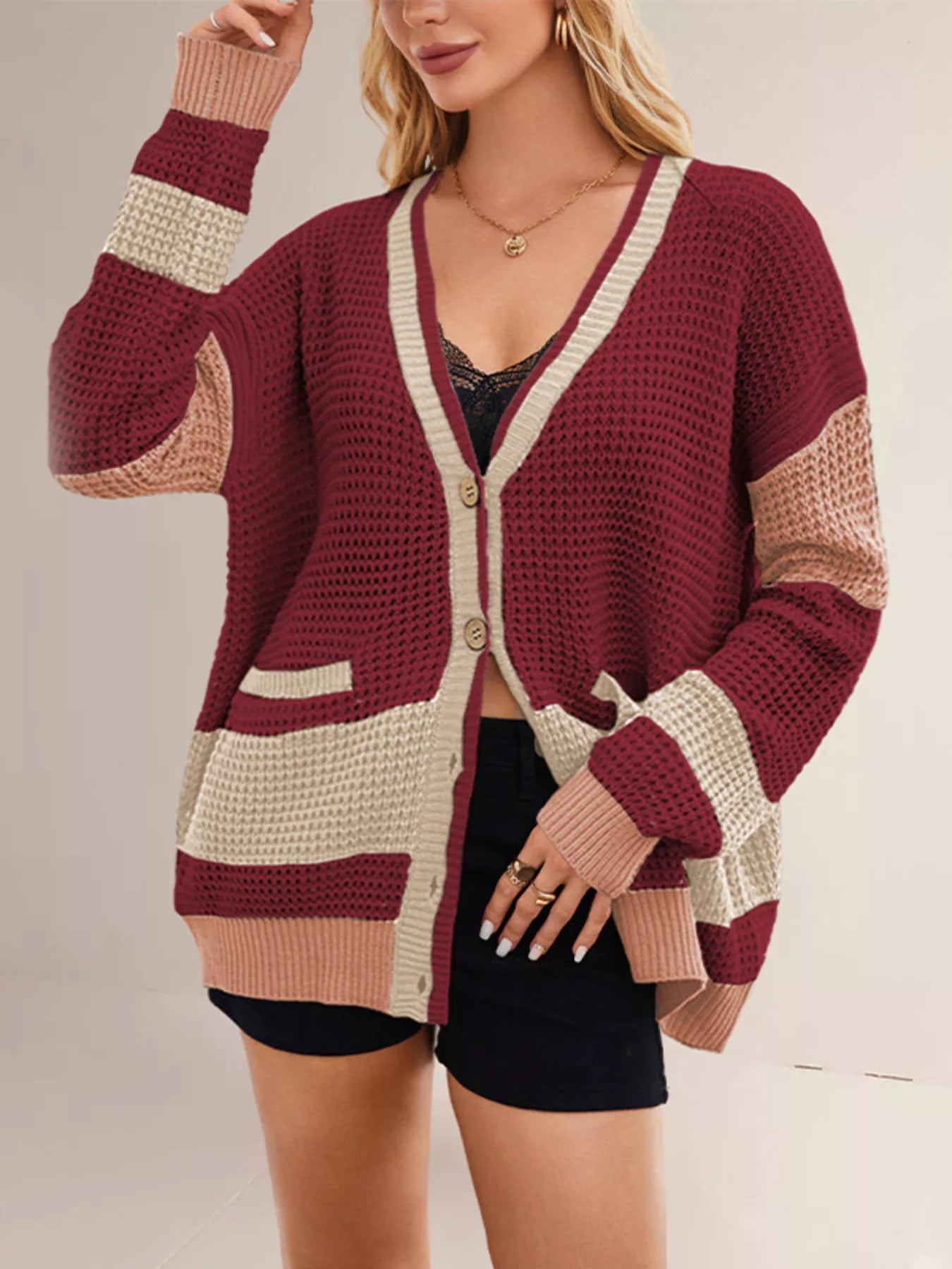 Trendsi Color Block V-Neck Cardigan -