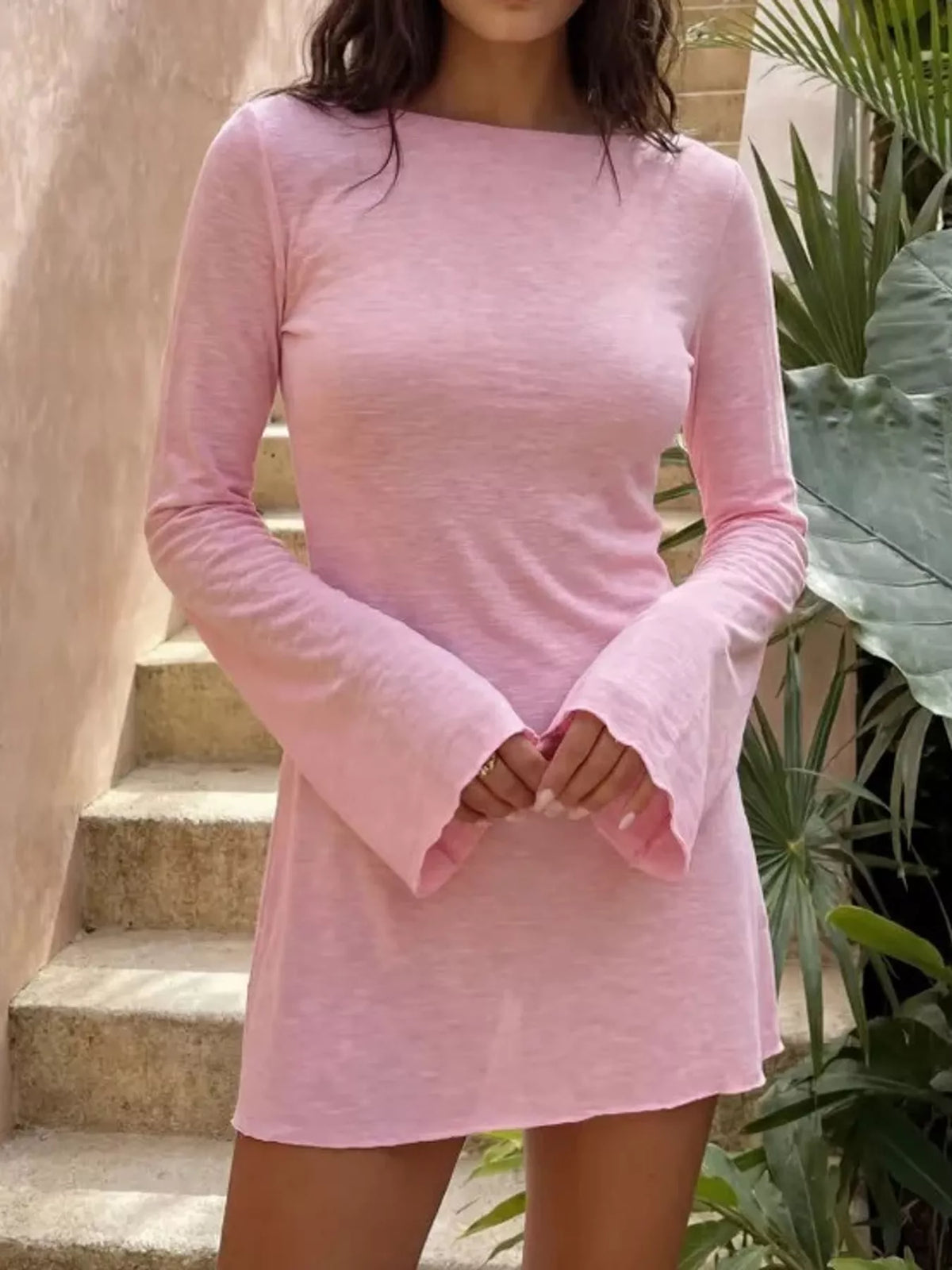 Pink flare sleeve bodycon mini dress — front view