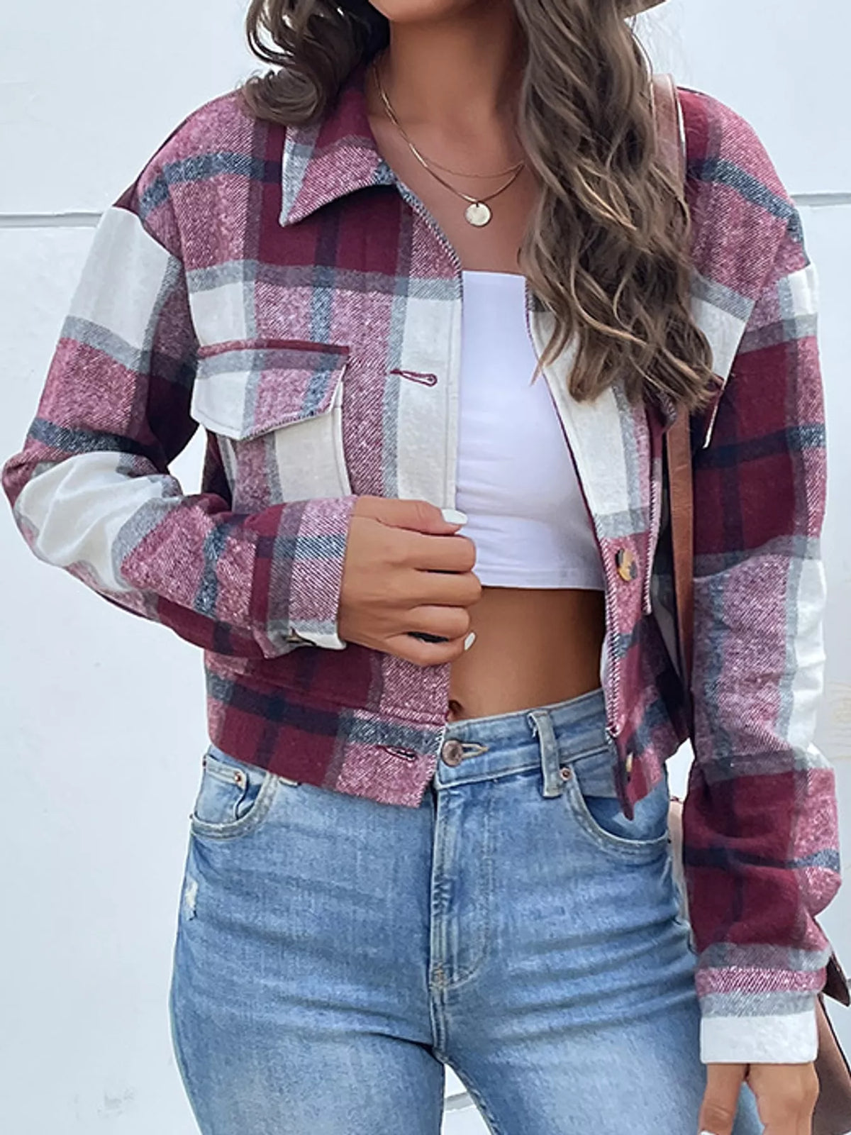 Burgundy plaid button-up cropped jacket