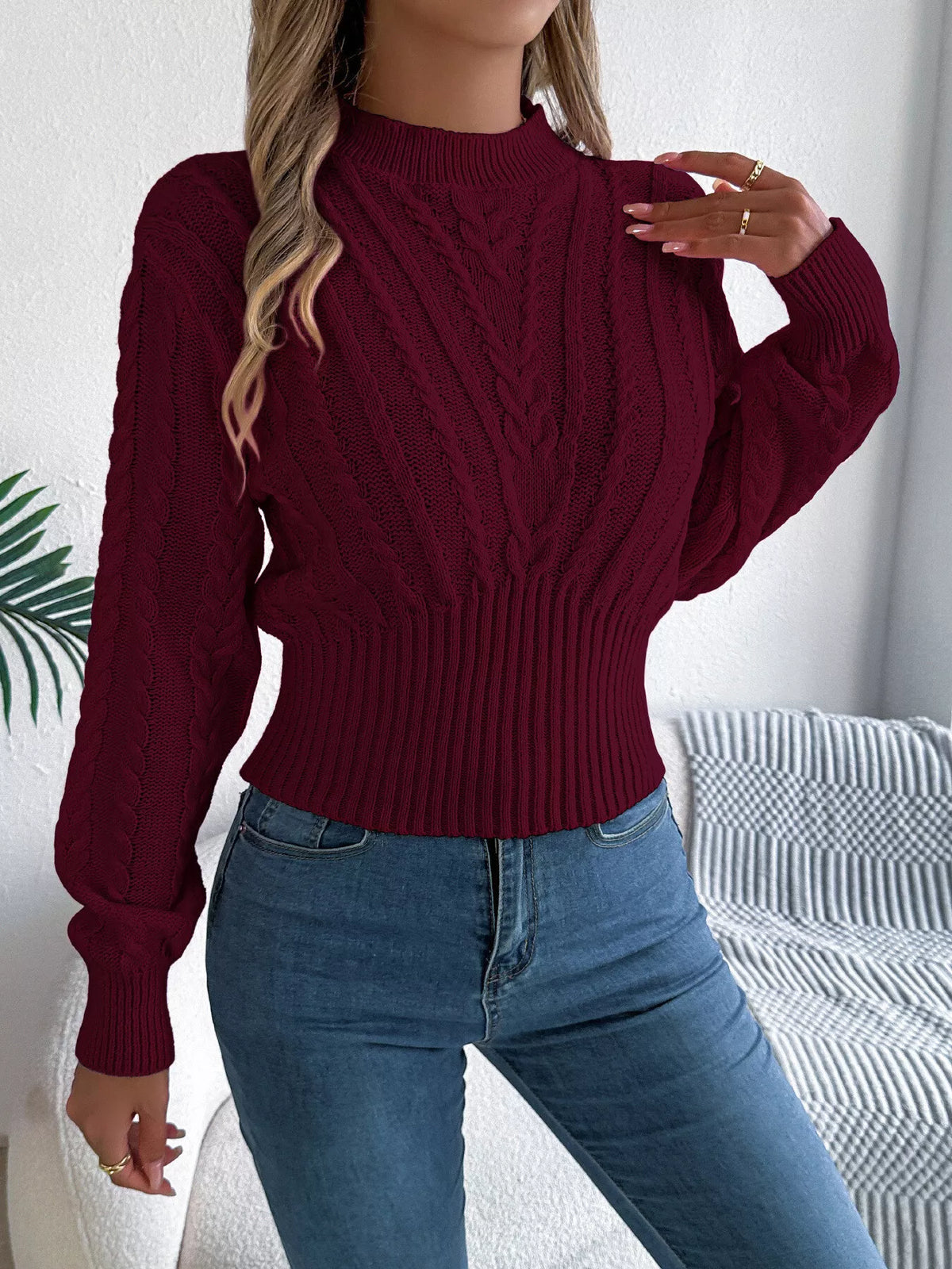 Pink cable knit mock neck sweater