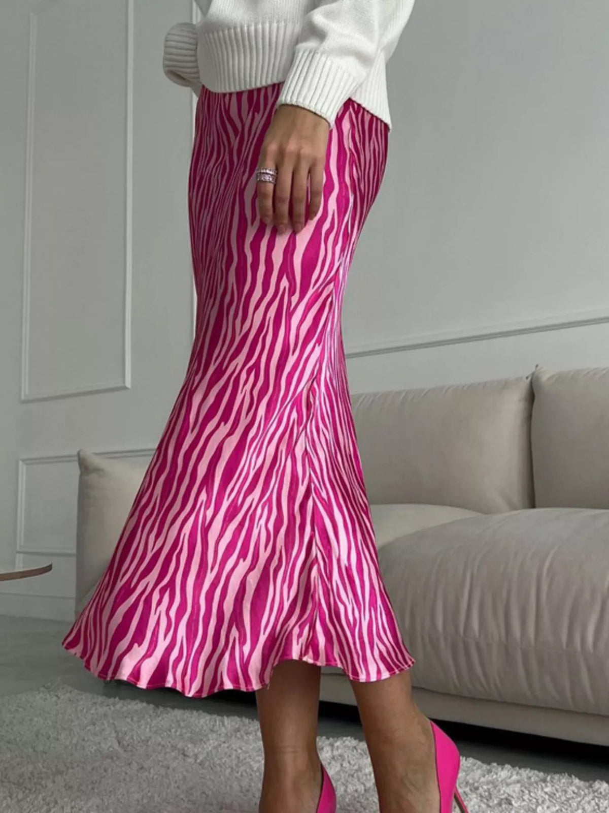 Trendsi Satin Zebra Print Midi Skirt -