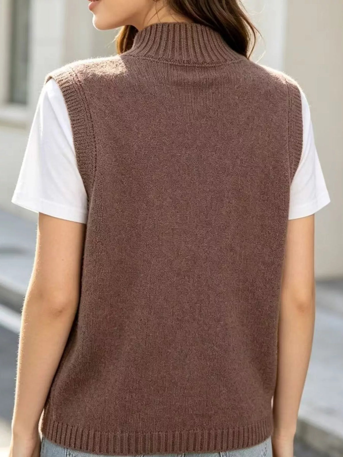 Mock Neck Asymmetrical Hem Knit Sweater Vest, back view in brown