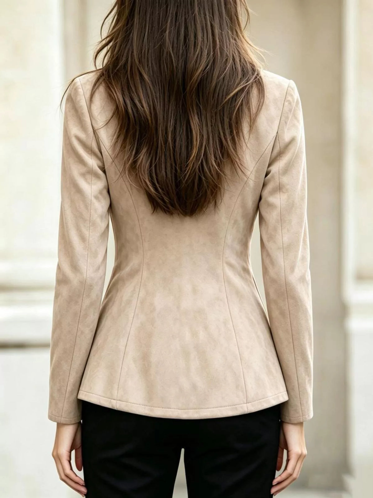 Apricot long sleeve buckle jacket, back view