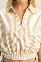 Trendsi HYFVE Striped Elastic Hem Johnny Collar Cap Sleeve Blouse -