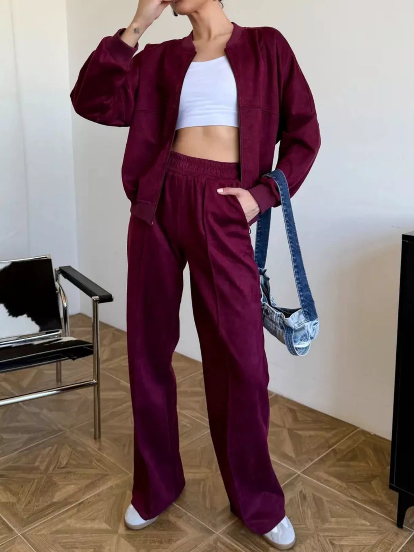 Trendsi Zip Up Sweatshirt and Wide-Leg Pants Set -