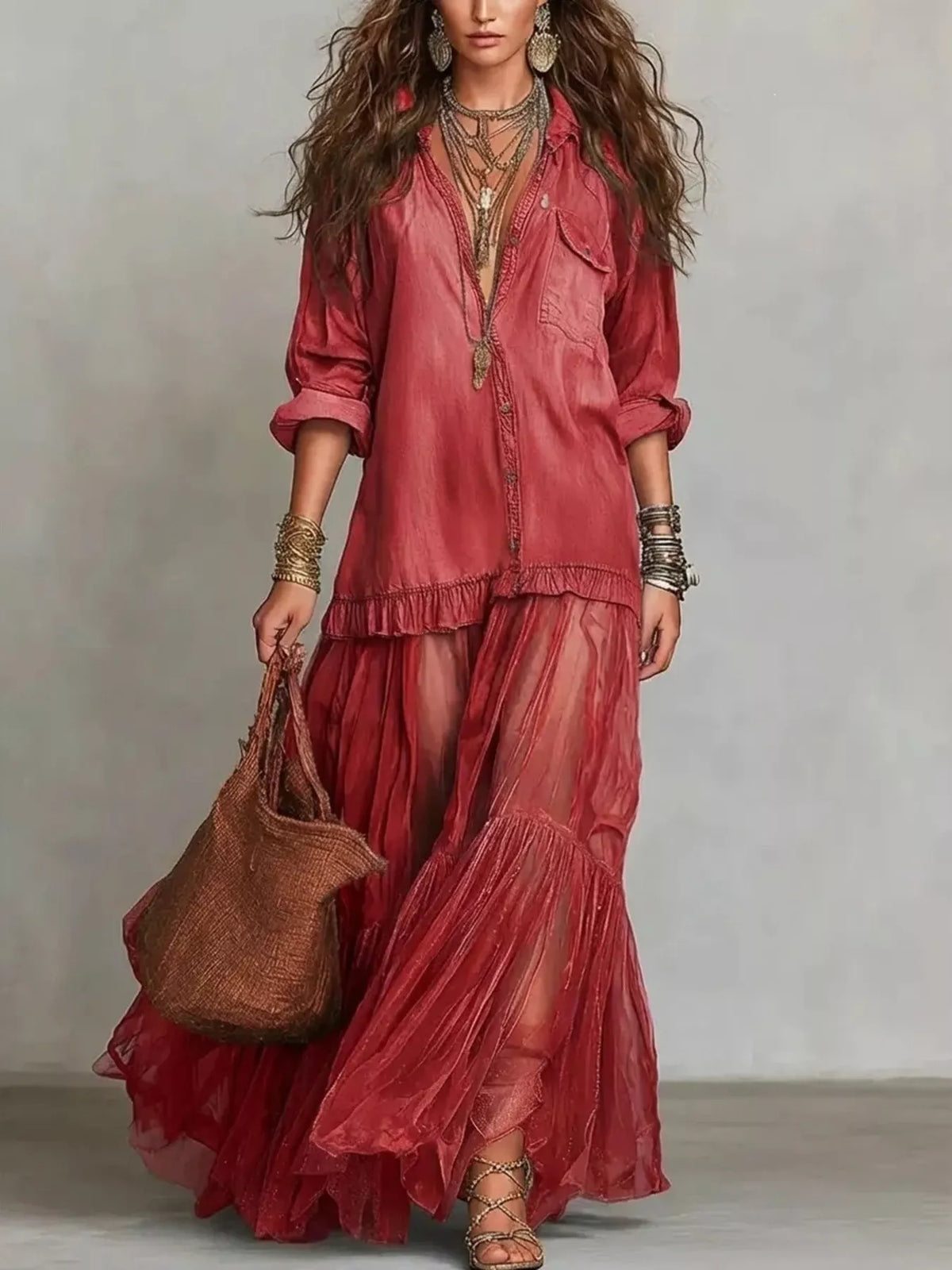 Red sheer tiered long sleeve maxi dress — front view