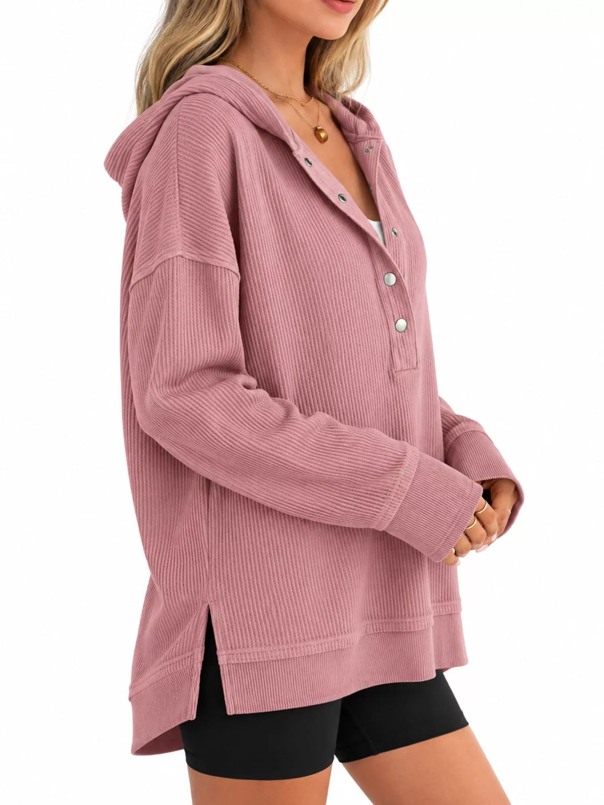 Women's Snap Button Placket Dropped Shoulder Hoodie in pink — side view