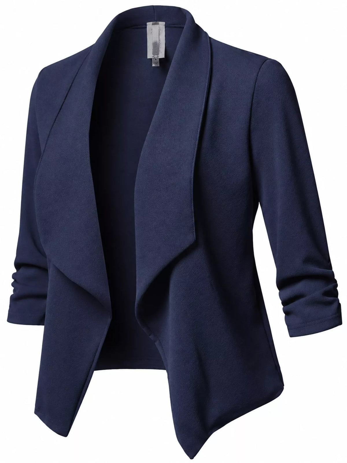 Navy open-front blazer with ruched 3/4 sleeves