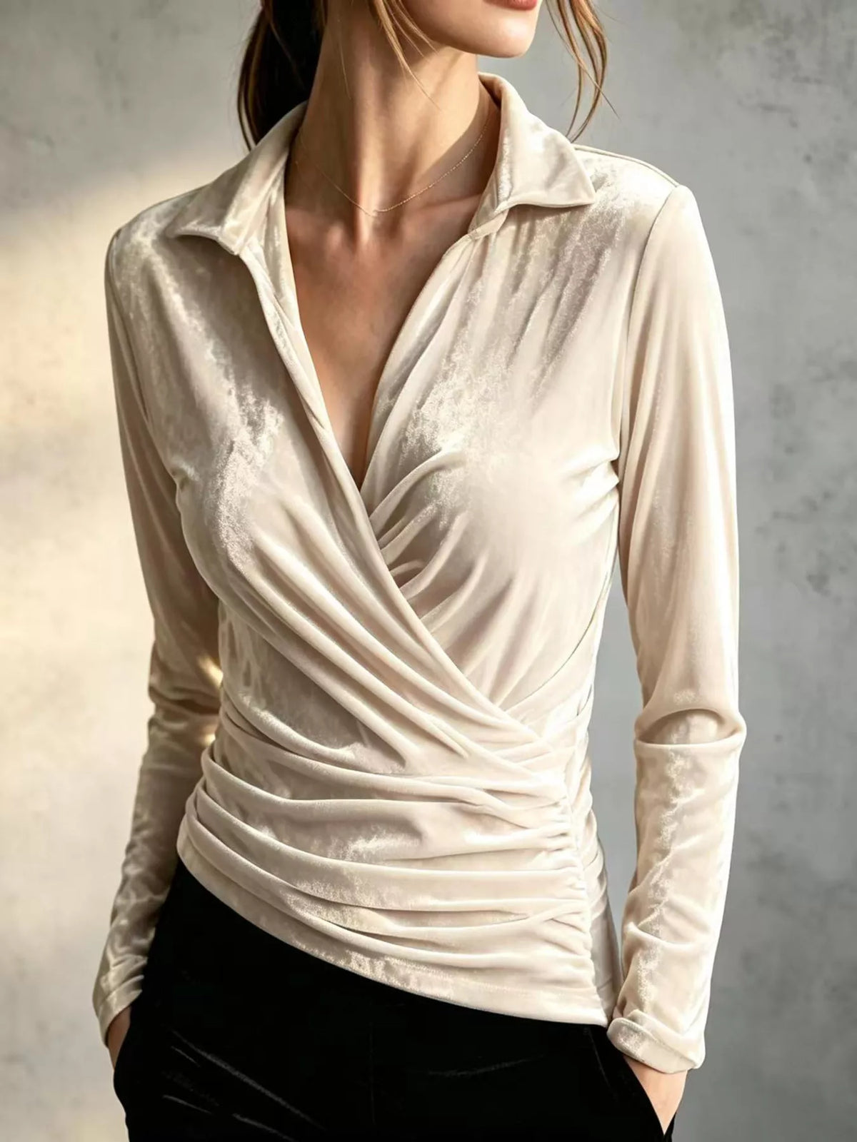 Ivory velvet wrap-front ruched blouse, front view.