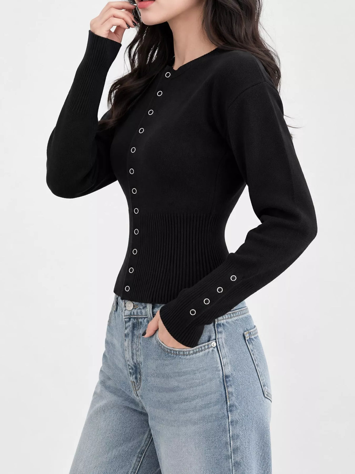 Black button up ribbed waist cardigan