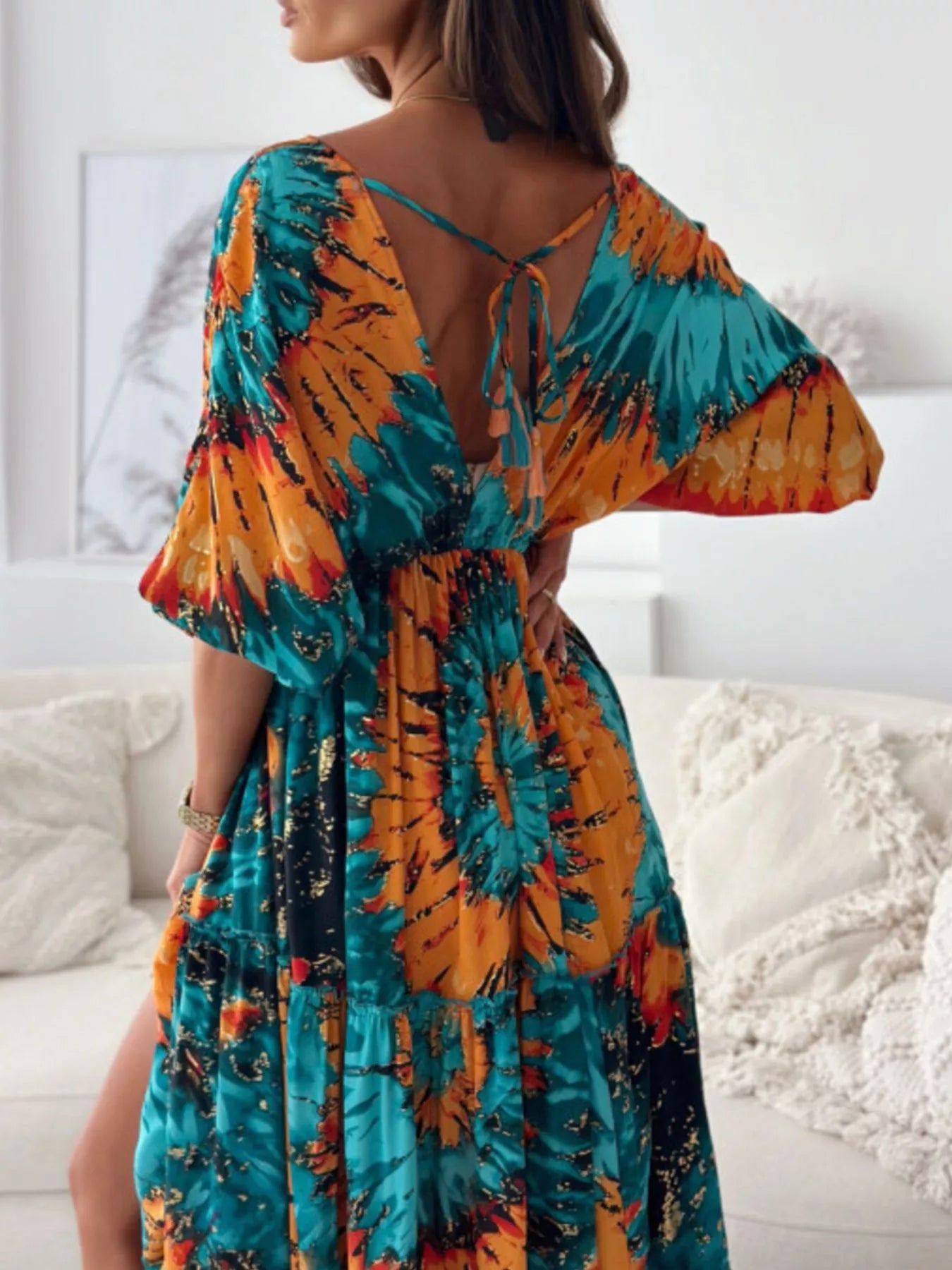 Trendsi Printed V-Neck Balloon Sleeve Slit Maxi Dress -