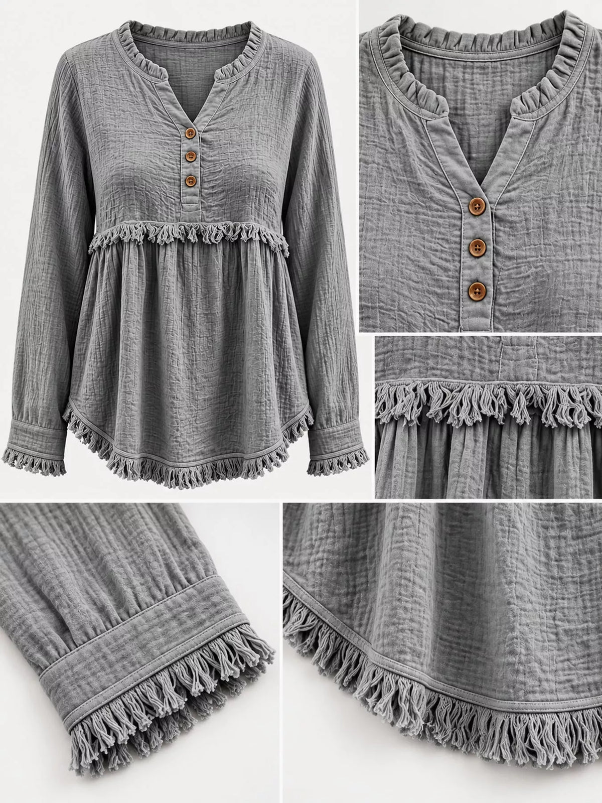 Frayed-hem blouse, gray button and fringed trim details