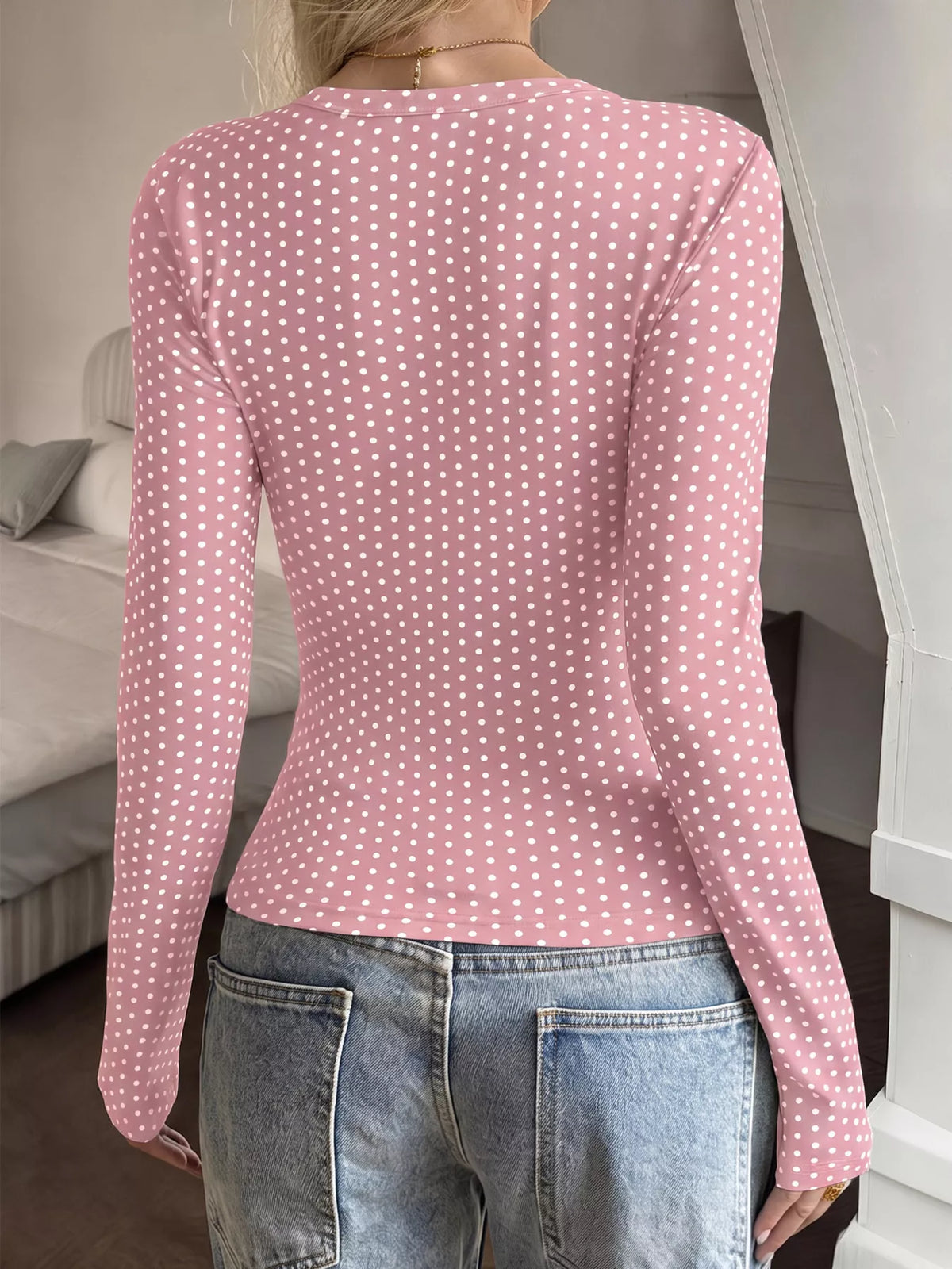 Pink polka dot slim-fit long sleeve T-shirt, back view