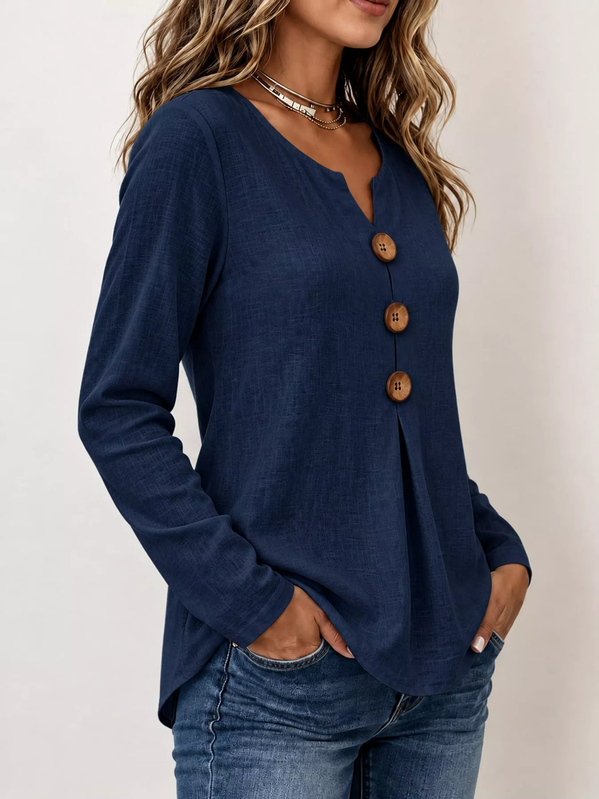 Navy long sleeve decorative button blouse