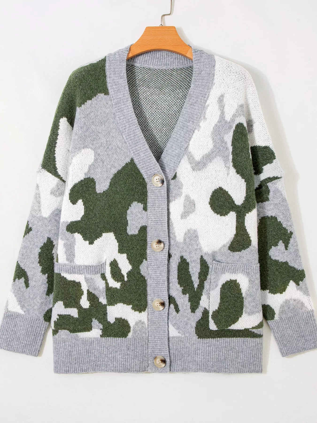 Trendsi Camouflage Drop Shoulder V Neck Button Front Cardigan -