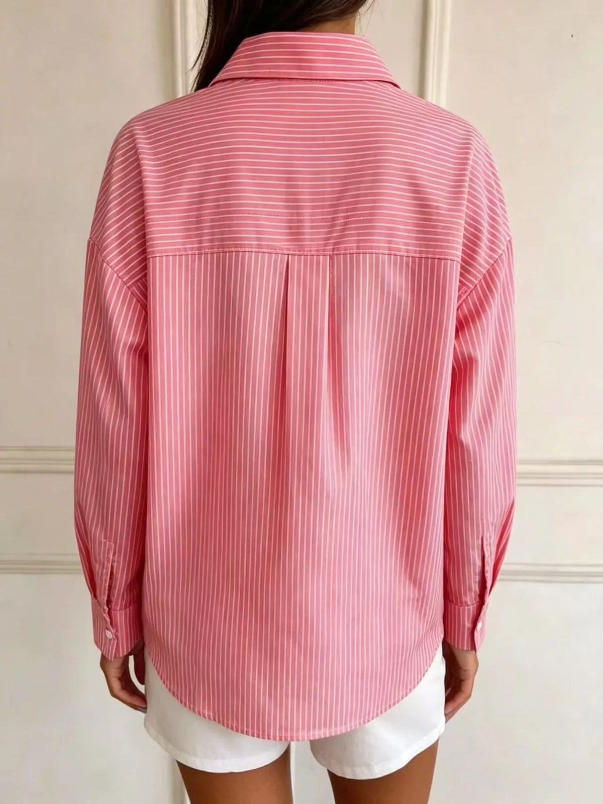 Pink striped long sleeve shirt, back view