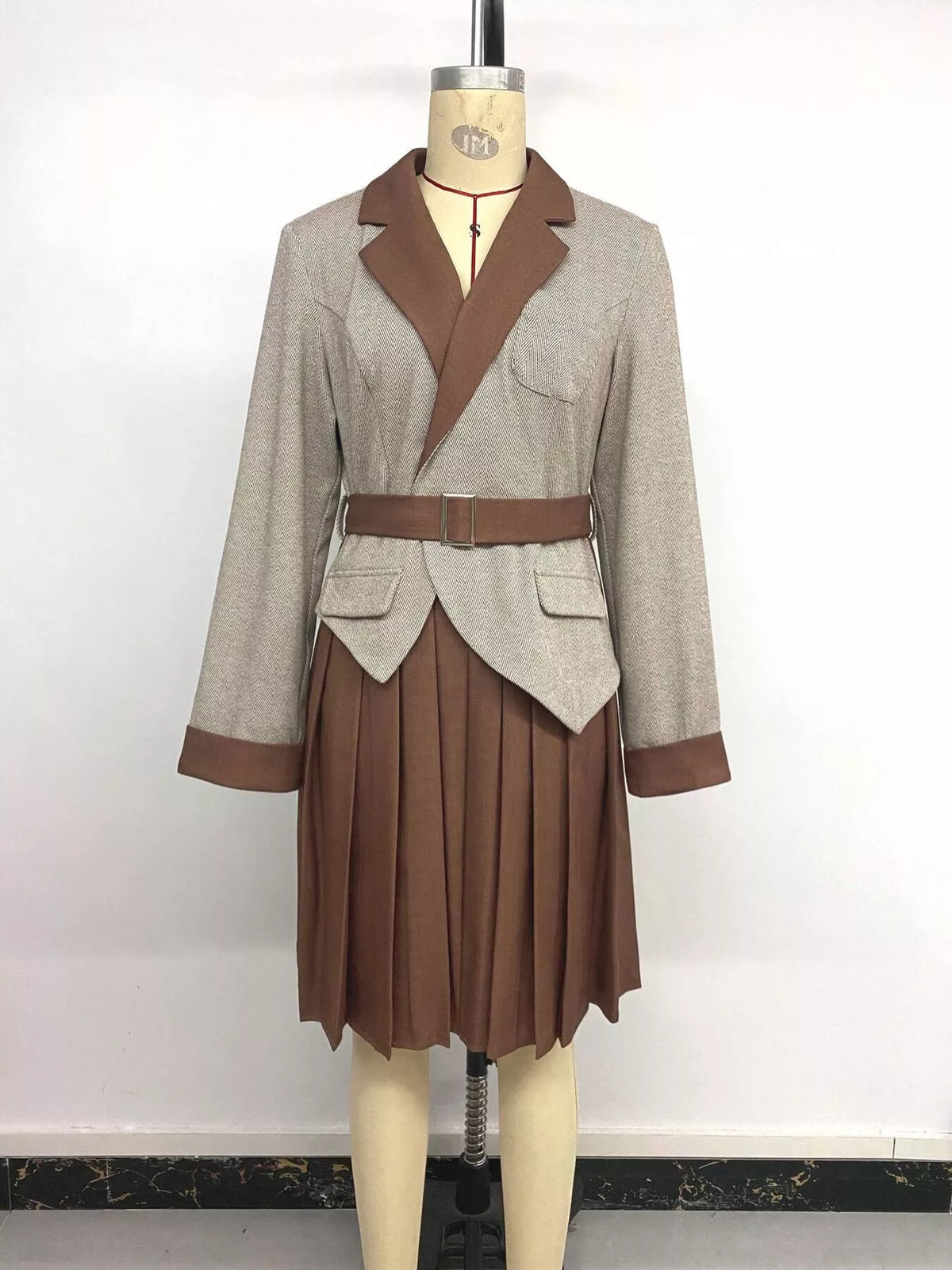 Belted blazer-style pleated dress