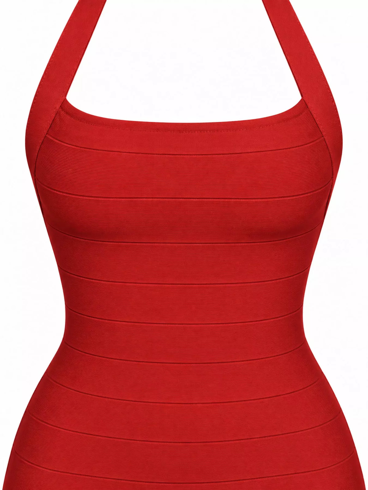 Red halter neck bodycon dress, detail view