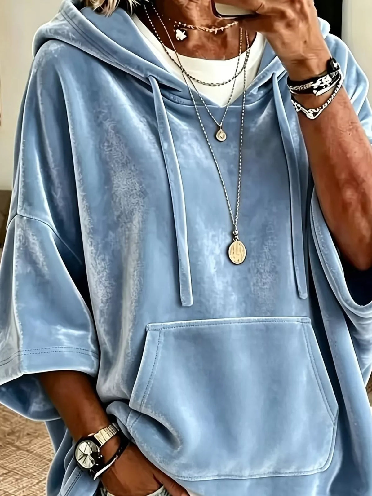 Trendsi Full Size Velvet 3/4 Sleeve Hoodie with Kangaroo Pocket Plus Size -