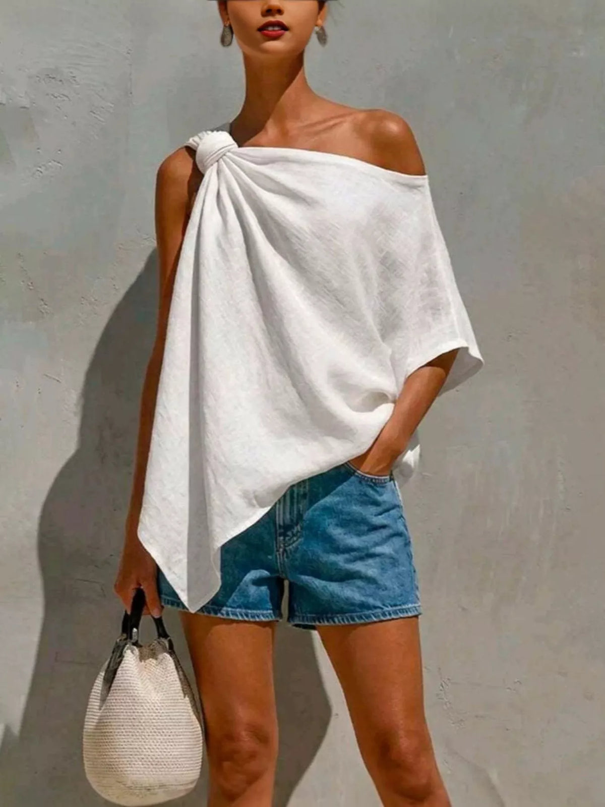 One-Shoulder Knot Detail Blouse in white, front view