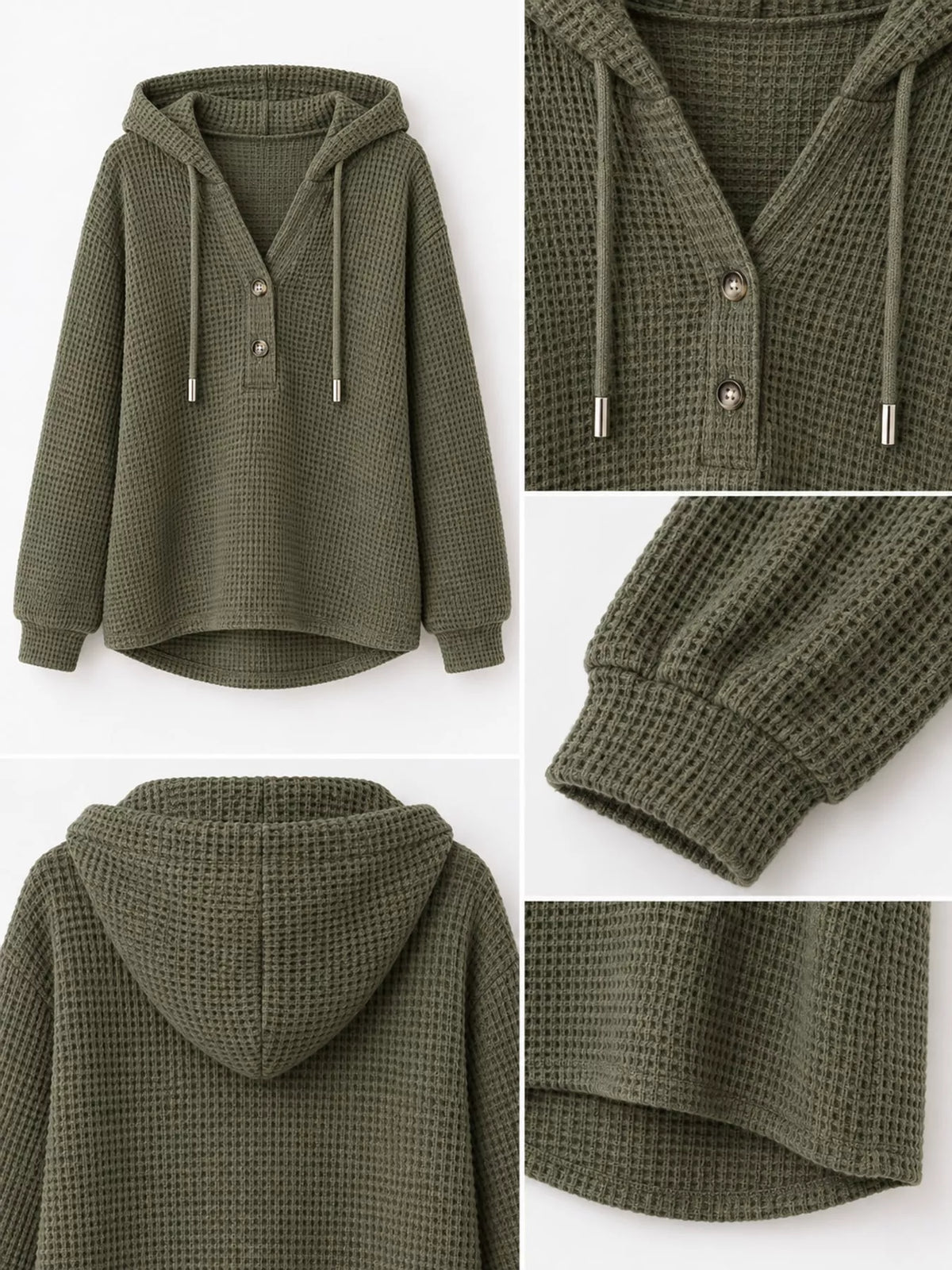 Olive waffle knit button-detail hoodie, hood button cuff and waffle-knit details
