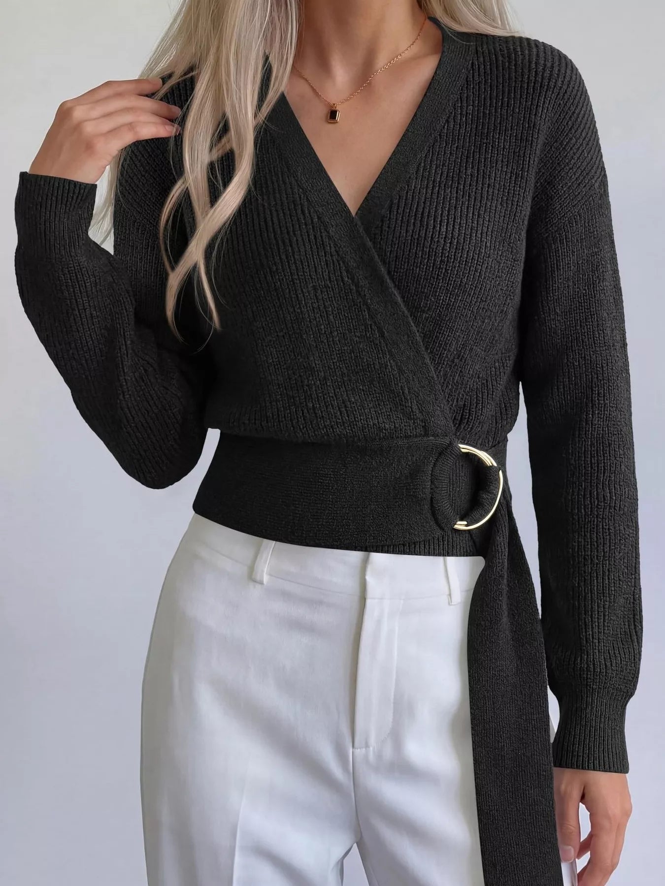 Trendsi Metal Ring Detail Dropped Shoulder Sweater -