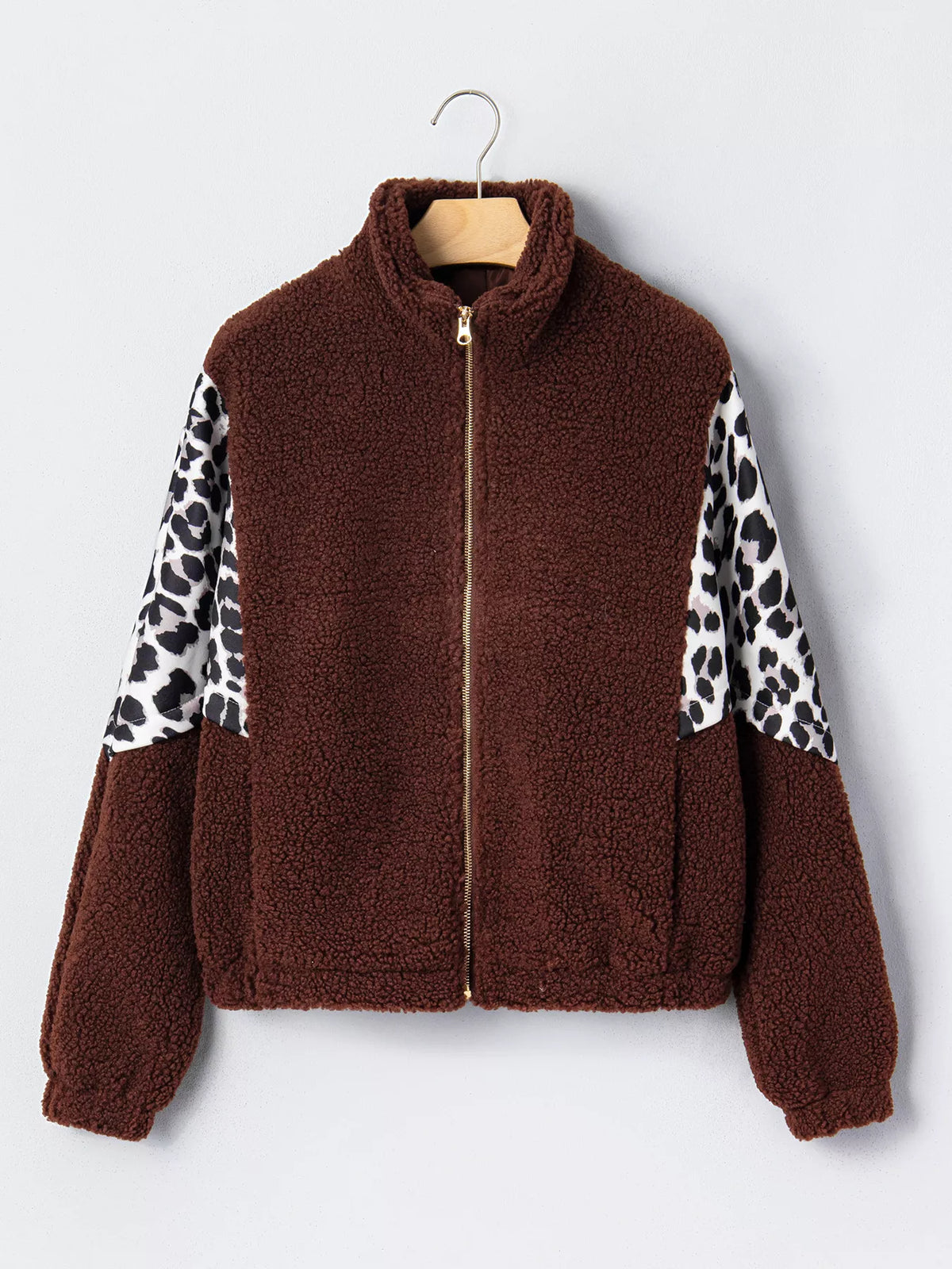 Leopard-patch fleece jacket, brown leopard jacket hanging front