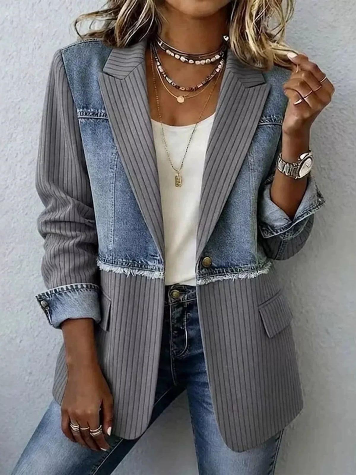 Gray and blue ribbed blazer with contrasting panels, front view