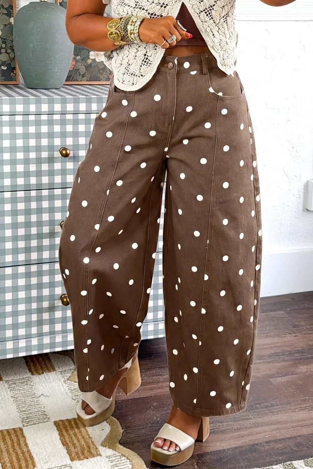 Trendsi Tailored Seam Polka Dot Print Barrel Casual Jeans -
