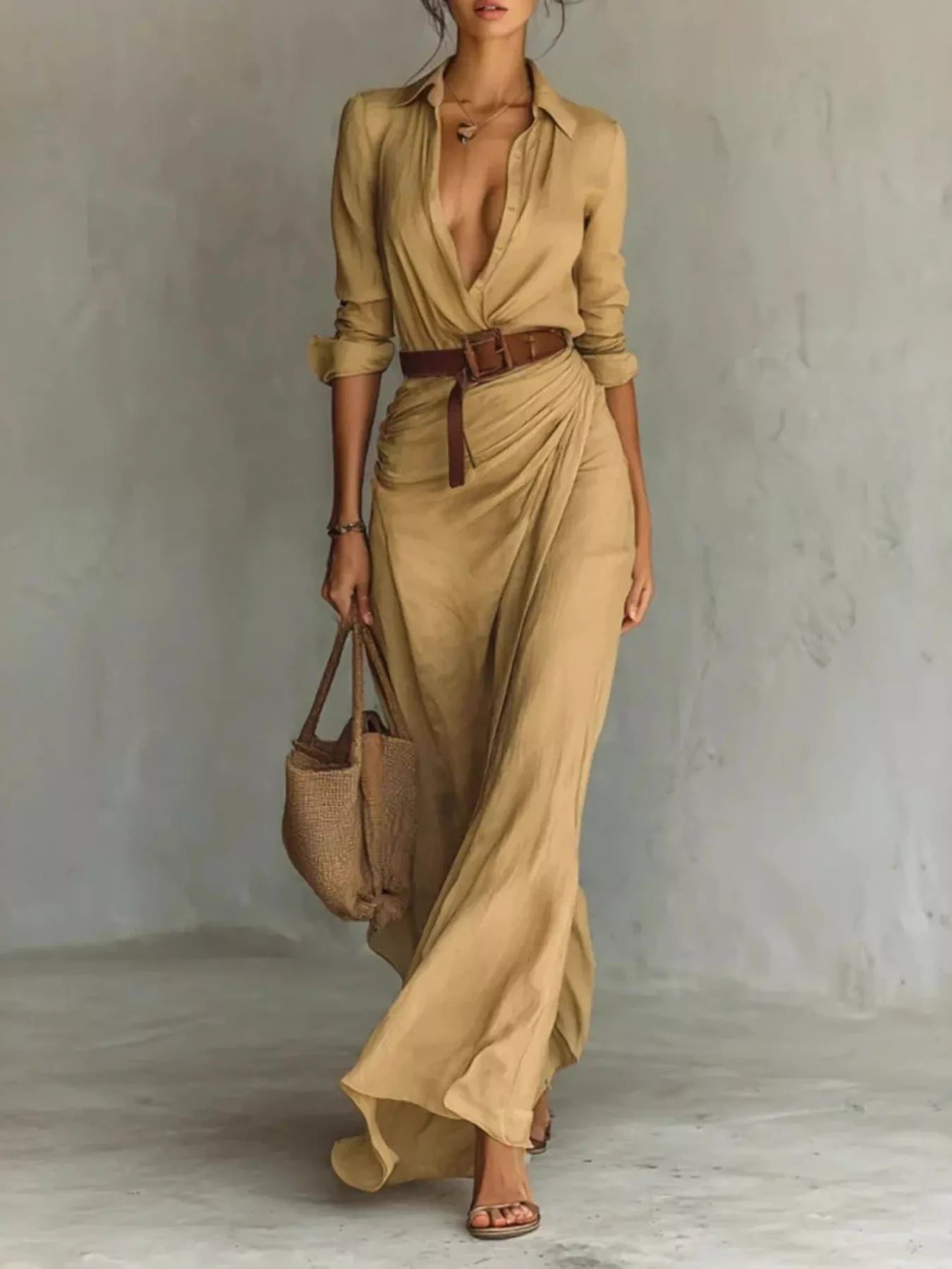 Trendsi Full Size Elegant V-Neck Ruched Maxi Dress with Belt Plus Size -