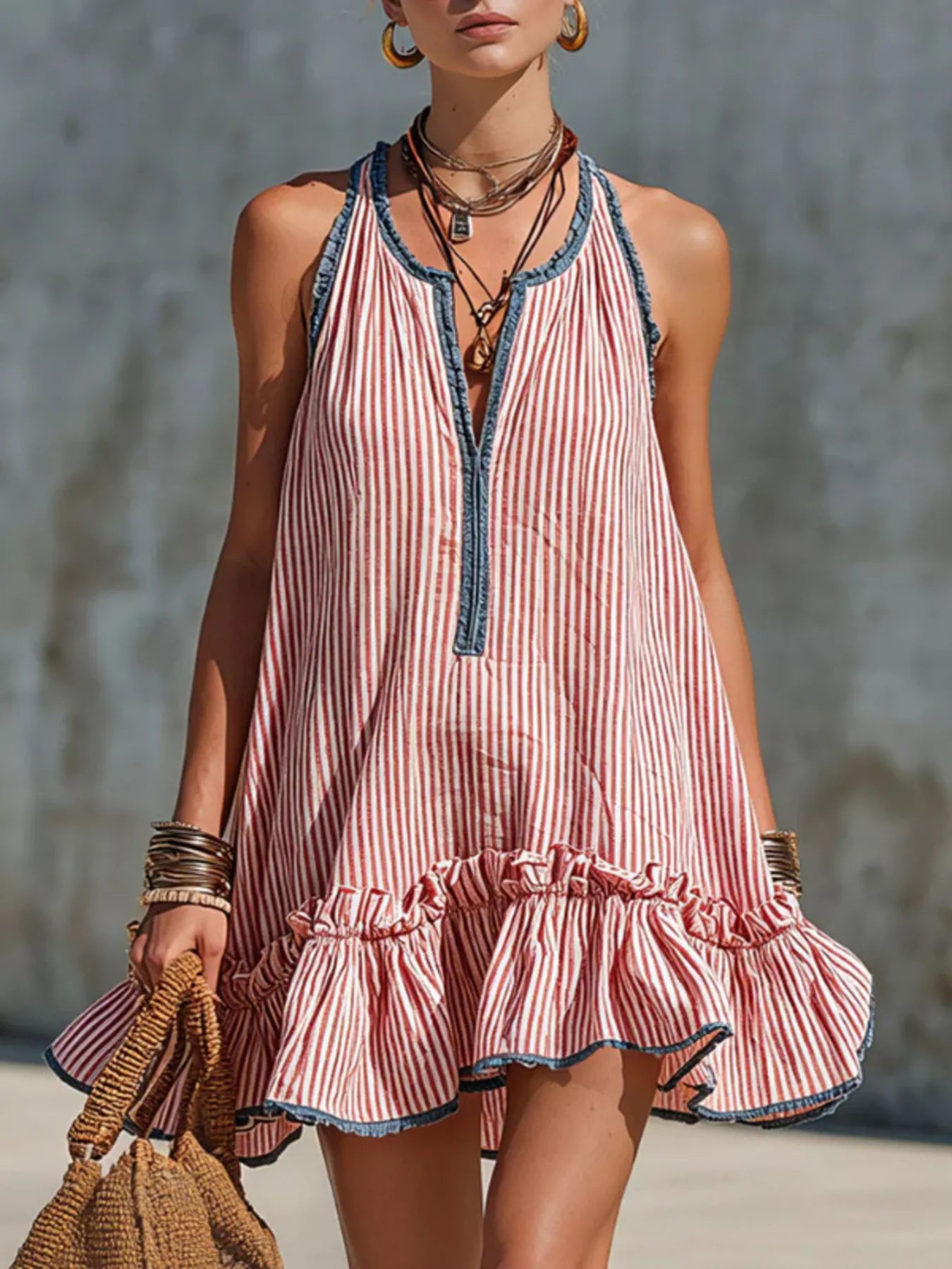 Trendsi Striped Ruffle Hem Mini Dress -