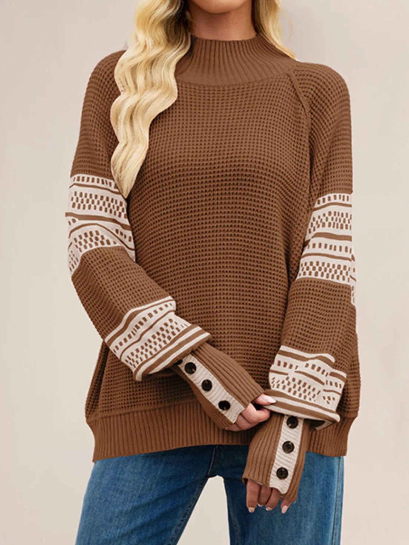 Trendsi Color-Block Mock Neck Waffle Knit Sweater -