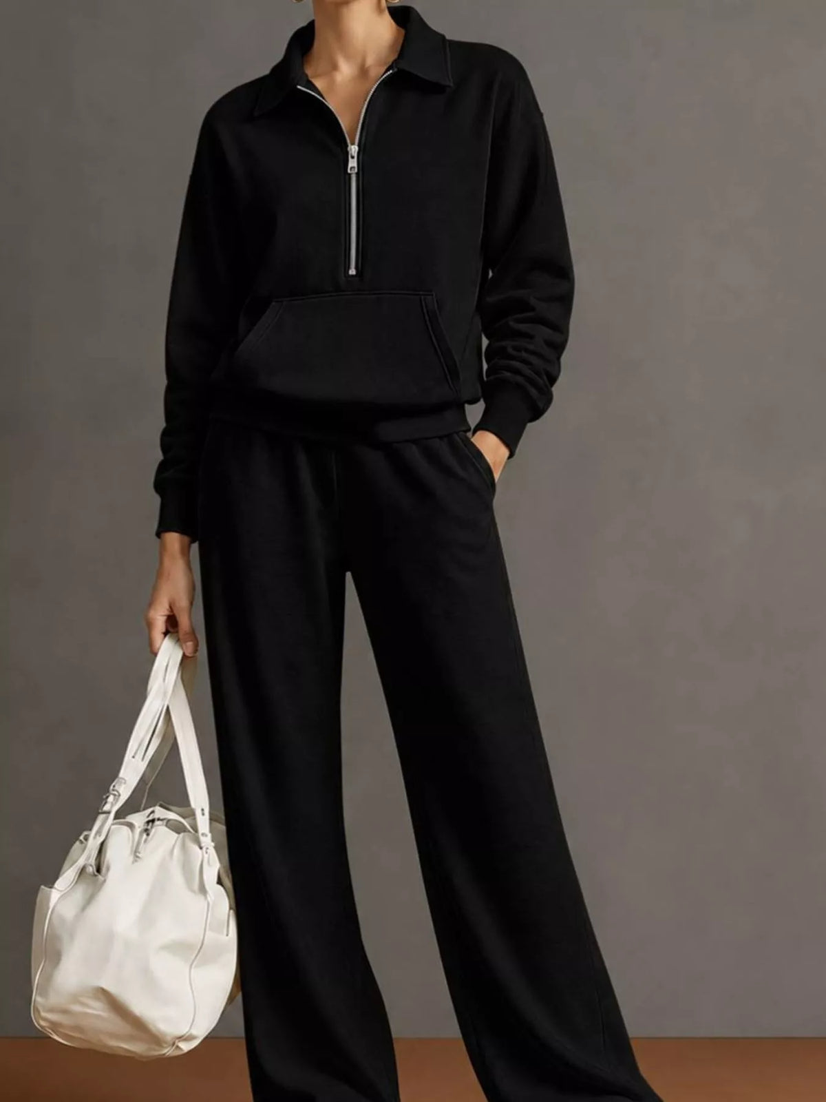 Collared long sleeve outfit set, front view on model