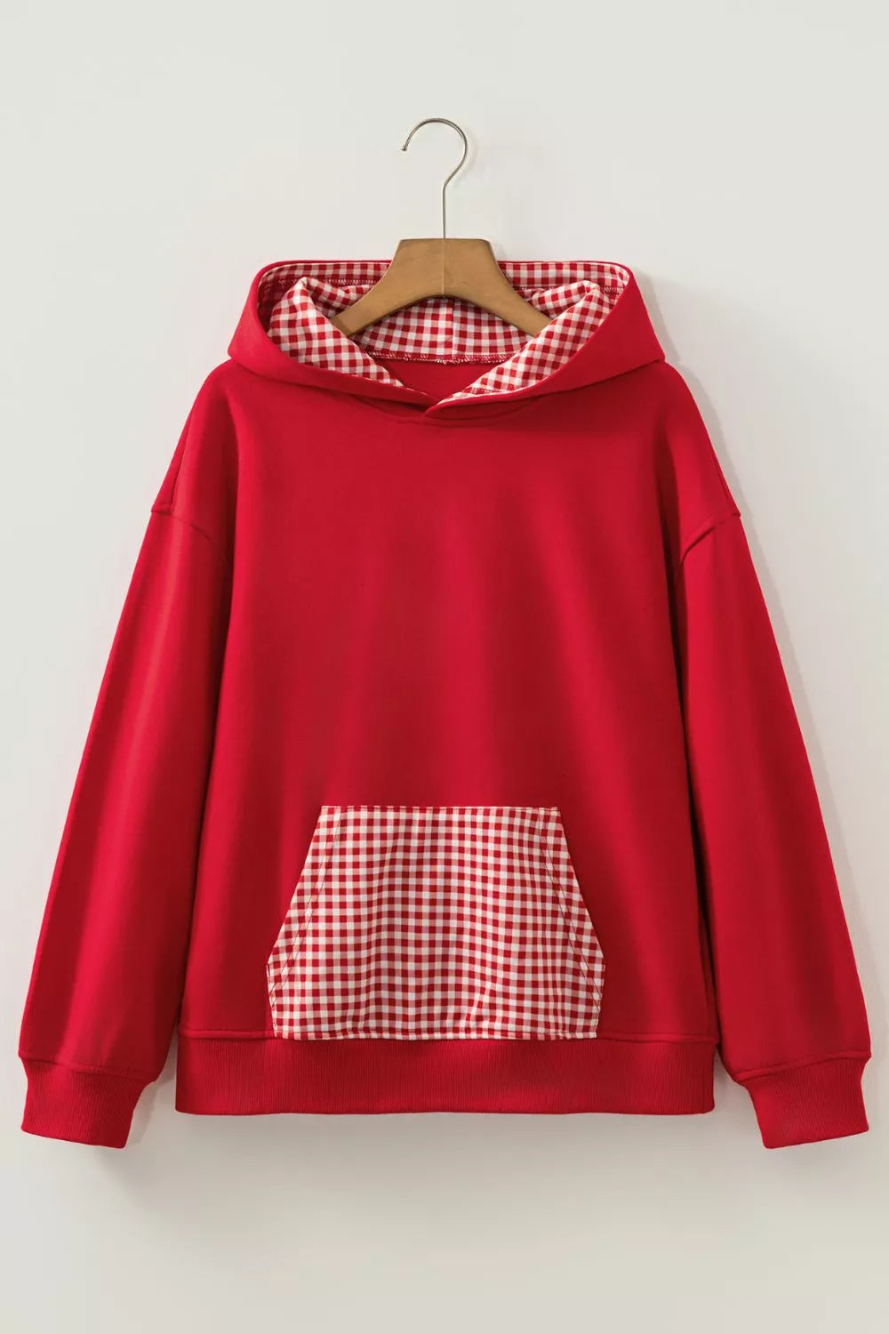 Plaid Patchwork Front Pocket Hoodie — garment front
