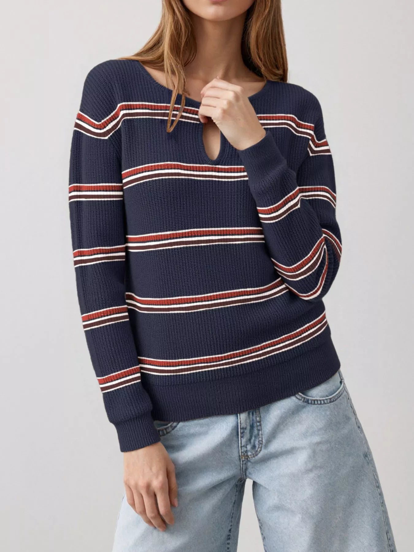 Trendsi Striped Ribbed Knit Top with Keyhole Neckline -