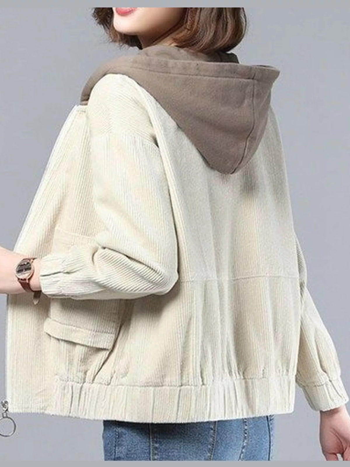 Cream corduroy hooded zip-up jacket — back view